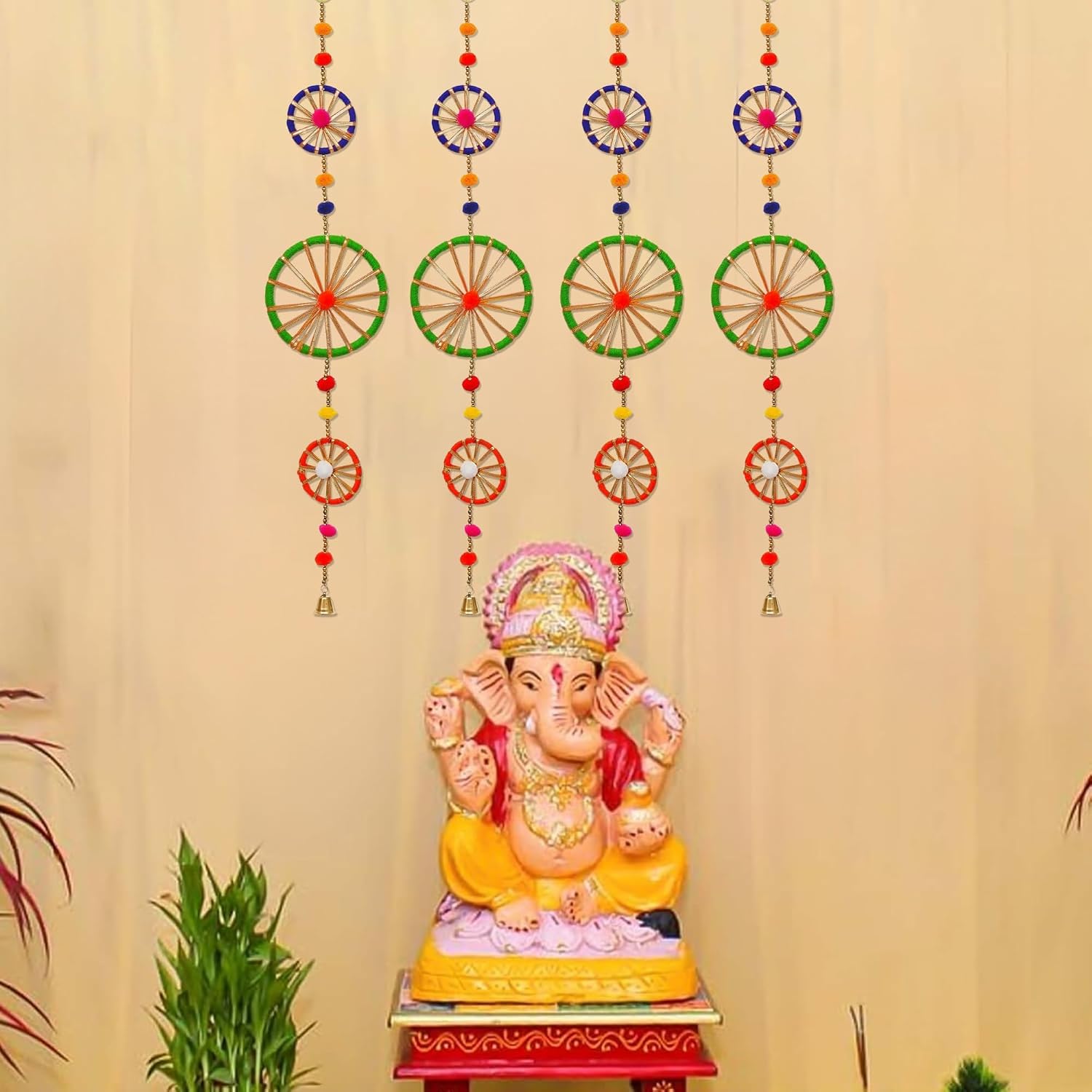 Buy eCraftIndia Multicolor Rings with Pom|Pom Tassels Bell Hangings (Pack of 4) â€“ Wall/Door Hangings, Toran for Home Deco… online at best price