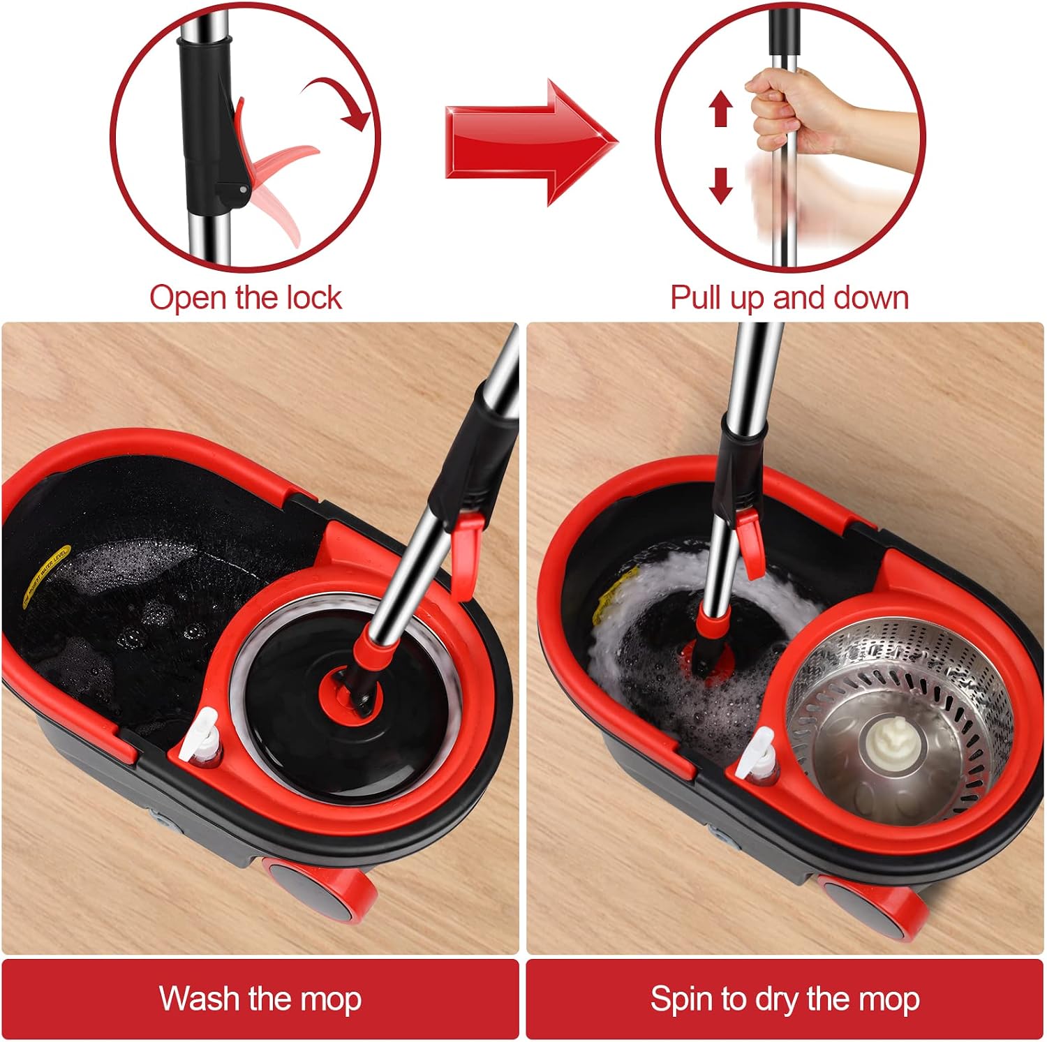 Mop Bucket with Wringer Set, Extended Stainless Steel Handle, 3 Microfiber Replacement Mop Head Refills, 2 Wheels for Floor Cleaning, Black/Red