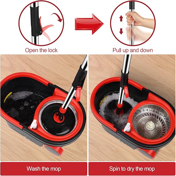 Mop Bucket with Wringer Set, Extended Stainless Steel Handle, 3 Microfiber Replacement Mop Head Refills, 2 Wheels for Floor Cleaning, Black/Red