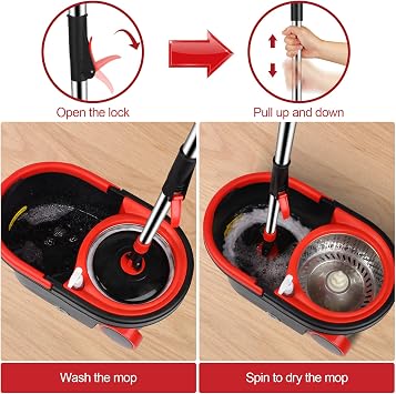 Mop Bucket with Wringer Set, Extended Stainless Steel Handle, 3 Microfiber Replacement Mop Head Refills, 2 Wheels for Floor Cleaning, Black/Red