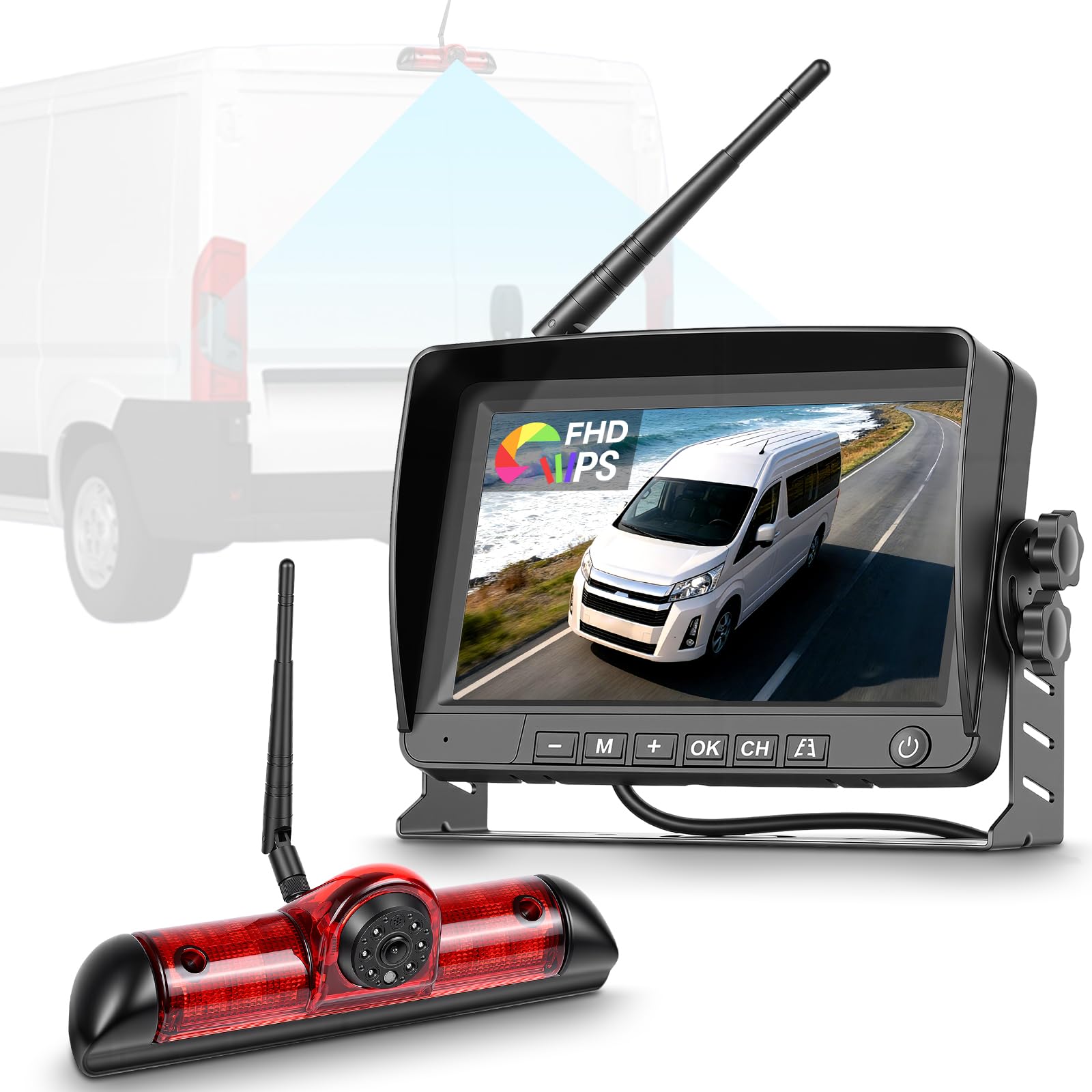 720P Cámara de Visión Trasera Inalámbricas para FIAT Ducato 3/Peugeot Boxer/Citroen Jumper con Monitor IPS de 9'', Cámara para Tercera Luz de Freno, Visión Nocturna, Resistente al Agua IP67,BSD,DVR