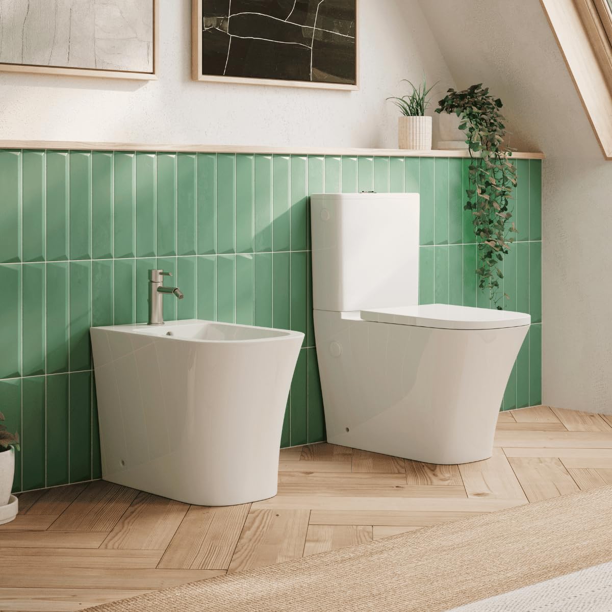 Wc Inodoro Completo Compacto Adosado a Pared Cuadrado con Sistema Rimless | Wc Completo con Salida Dual y Asiento Amortiguado + Bide