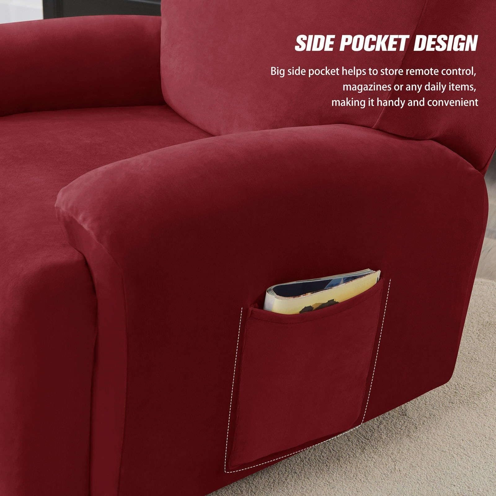 Housse de Fauteuil inclinable en Velours Extensible, 4 pièces, Housse de Protection Souple et antidérapante avec Poche latérale, for Salon, Couleur foncée(Wine Red)