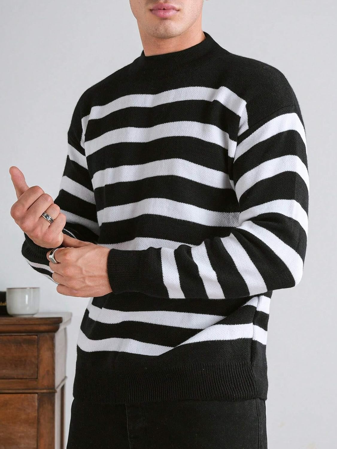 Pullover Sweaters for Men Striped Slim-Fit High Neck Sweater