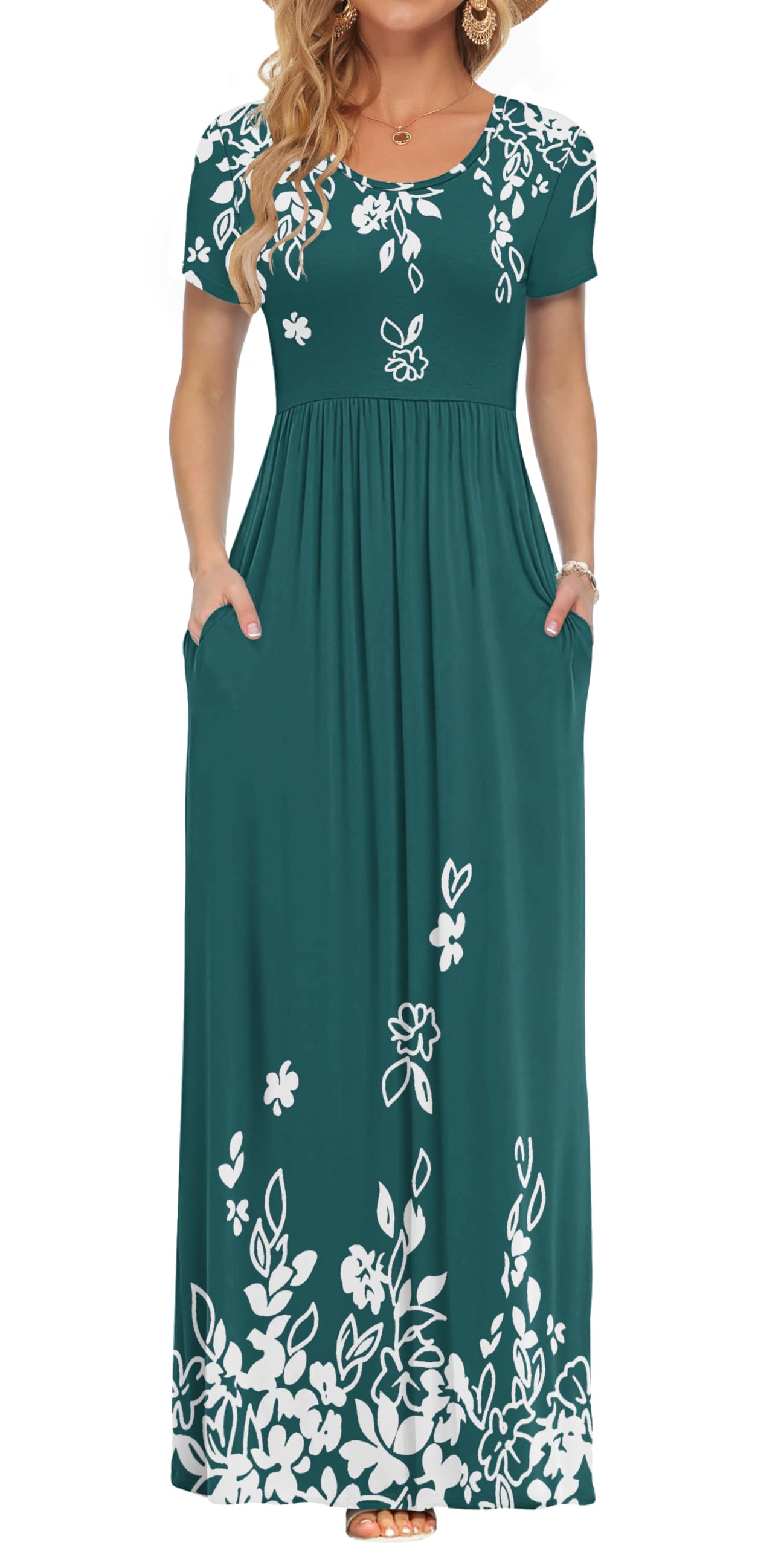 AUSELILY Women's Summer Short Sleeve Loose Plain Casual Long Maxi Dresses | Year Round wear solid floral print, Casual wear, Empire waist, Floor length, Side pockets