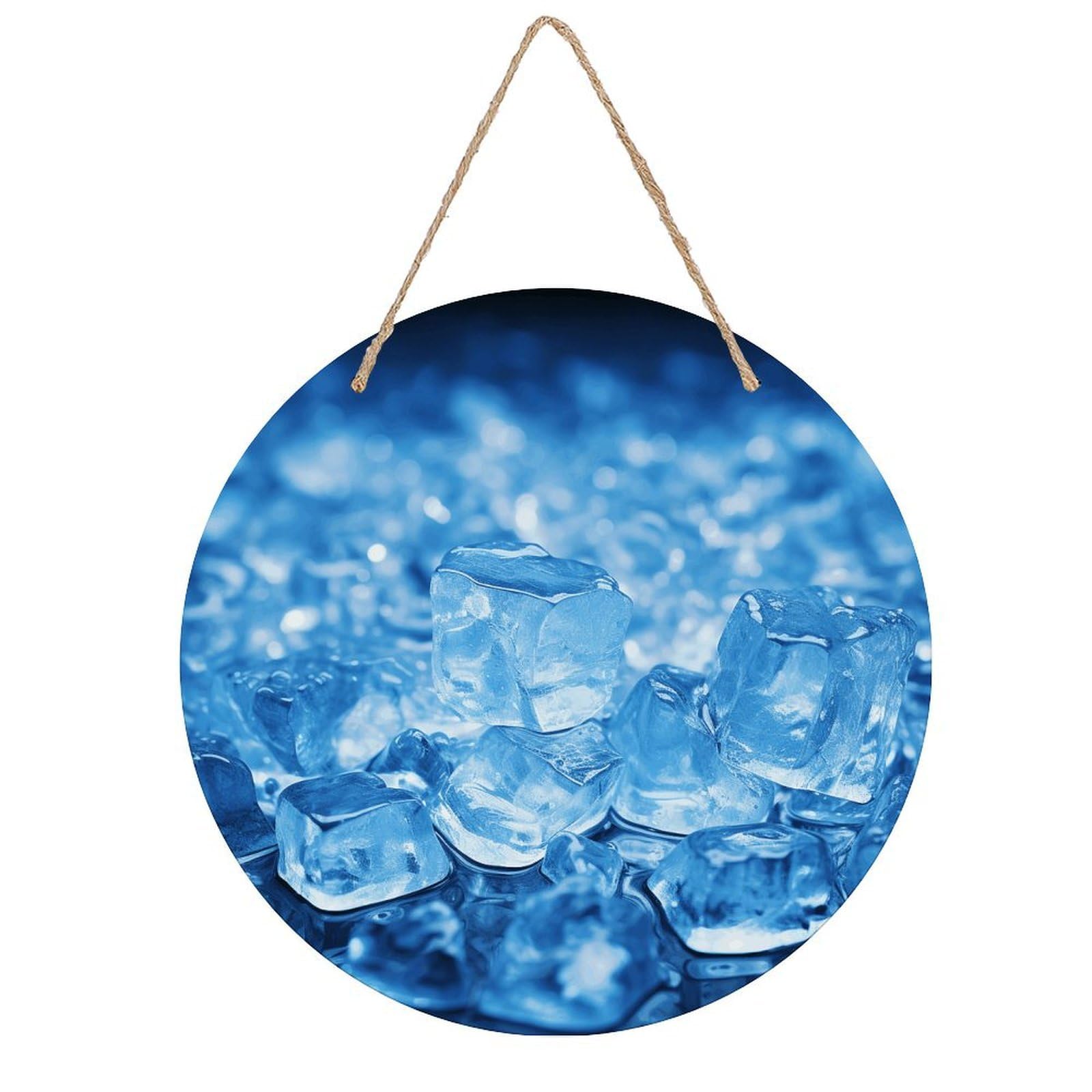 VstaDank Blue Ice Cube Background Wooden Wall Art Decor Round Wood Plaque Wooden Door Hanger Sign with Hole And Hanger Rope Trend Wood Decorative Paintings for Home Outdoor Indoor 7.87 Inch