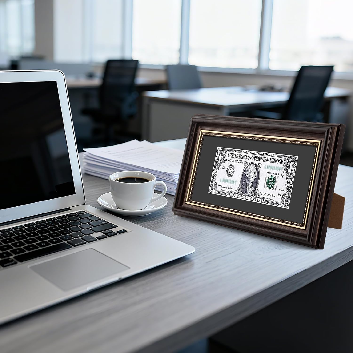 4x9 First Dollar Bill Frame,Easel Stand & Real Glass,Ornate Brown Design