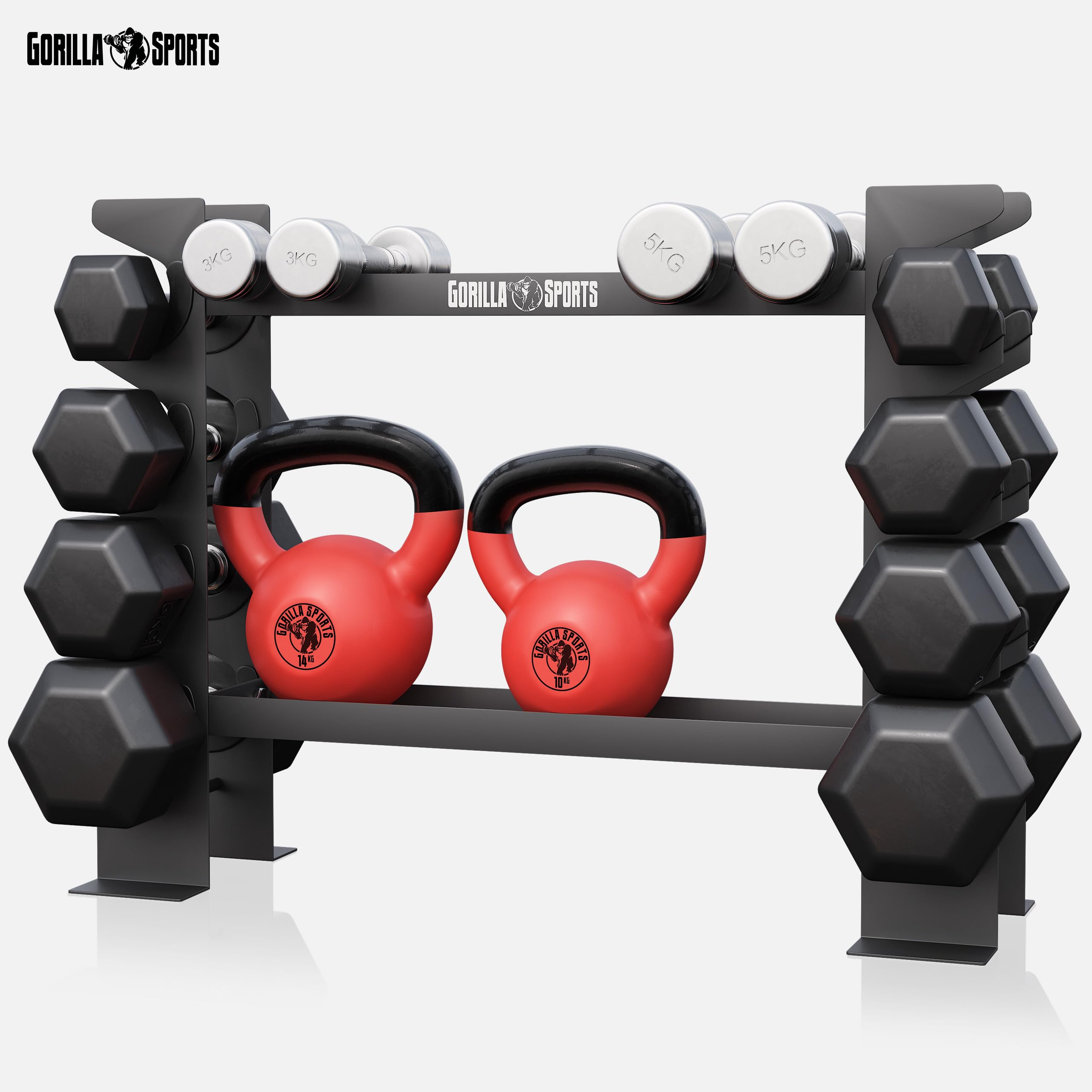 GORILLA SPORTS® Porta Pesi - Multifunzionale, 68x20x52 cm, Carico Mass. 300 kg, Nero - Manubri Palestra Casa, Rastrelliera, Attrezzi, Rack, Supporto Manubrio, Home Gym, Dischi, Accessori, Fitness
