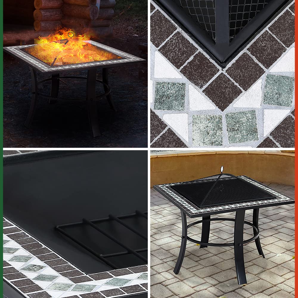 Brasero carré Runedak 76 cm Acier laqué Pierres mosaïque Accessoires Couvercle Jardin terrasse feu Bois Charbon briquette Barbecue