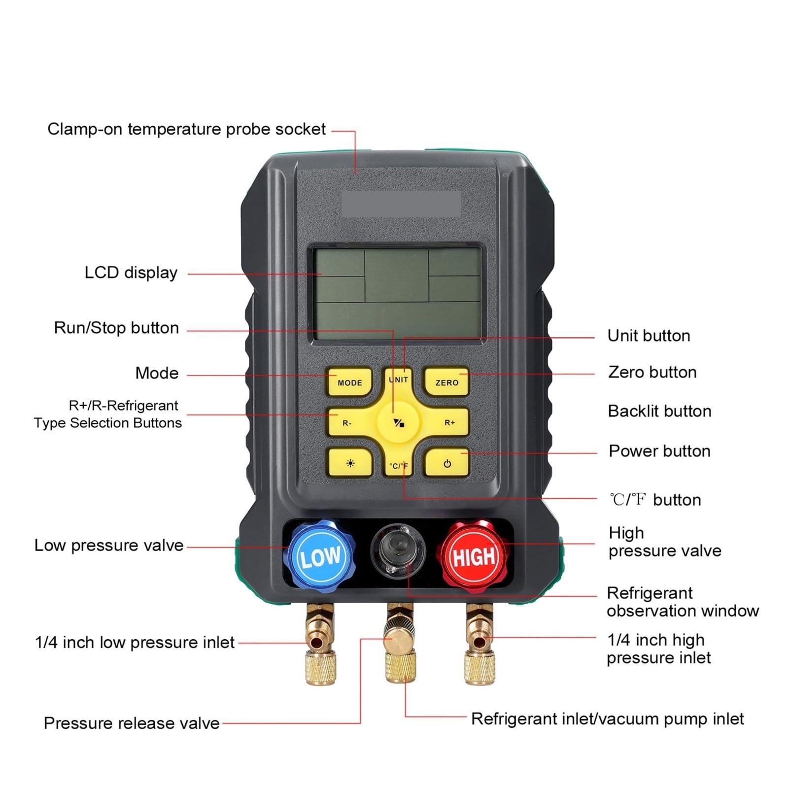 Manometro Refrigerazione Digitale Vuoto Pressione Collettore Tester Misuratore Temperatura Tester Apparecchio diagnostico AC