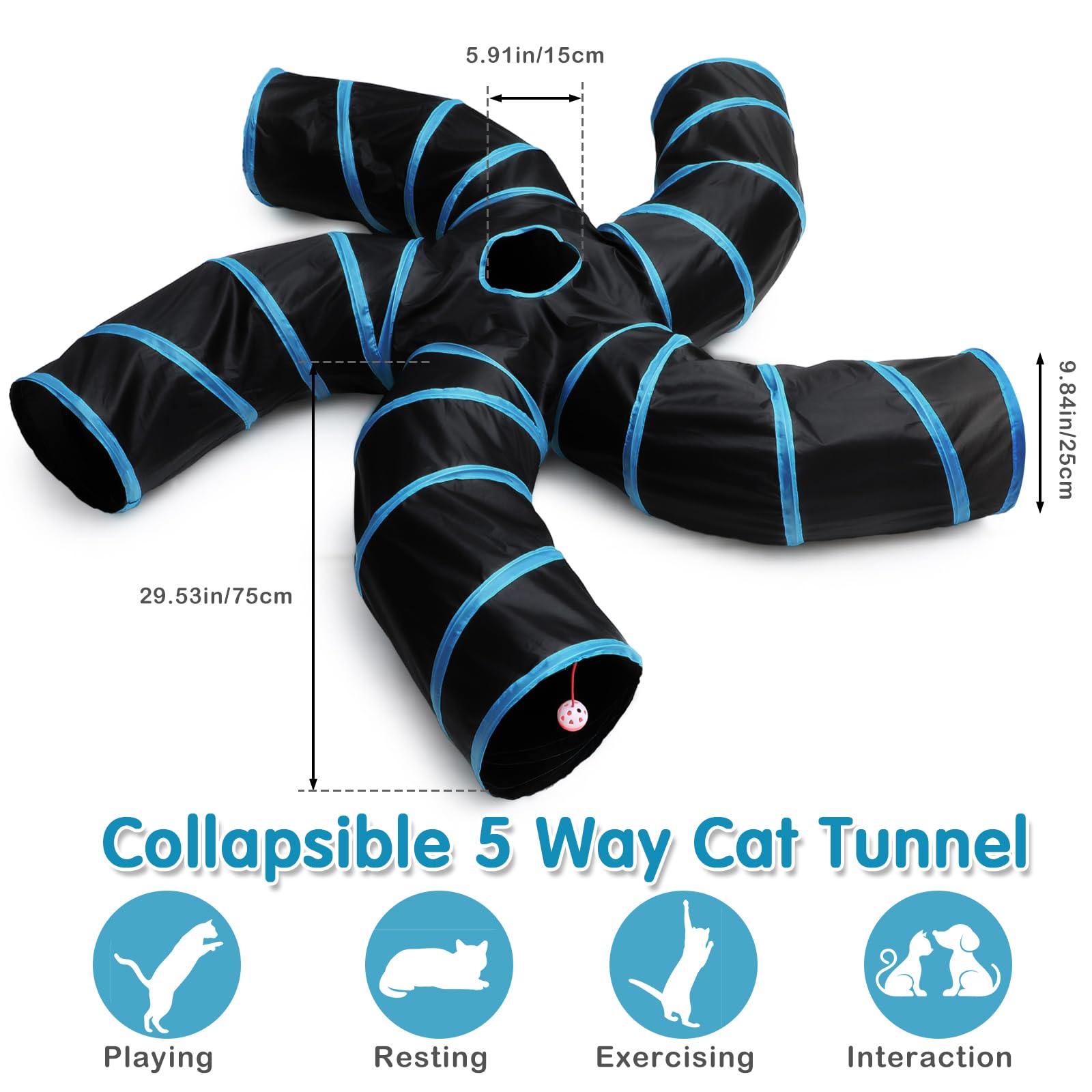Poen Juego de 21 juguetes para gatos con túnel plegable de 5 vías para gatos de interior y 20 juguetes para gatitos, juguete interactivo de plumas para gatos, bolas arrugadas, tubo grande para gatos