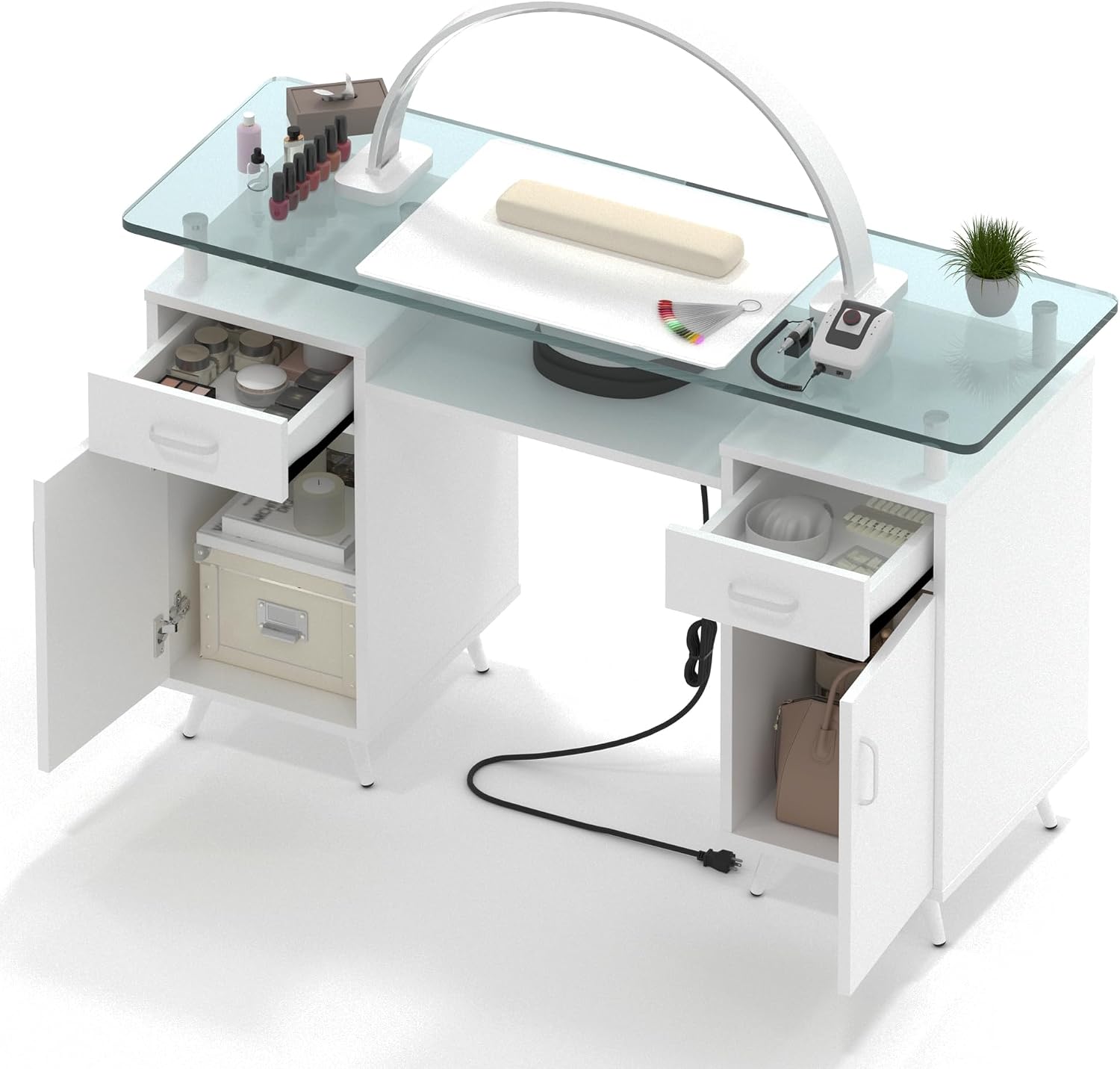 Manicure Table with Power Outlet,White Nail Desk for Nail Tech, Glass Top Salon Station with 2 Drawers and Cabinets