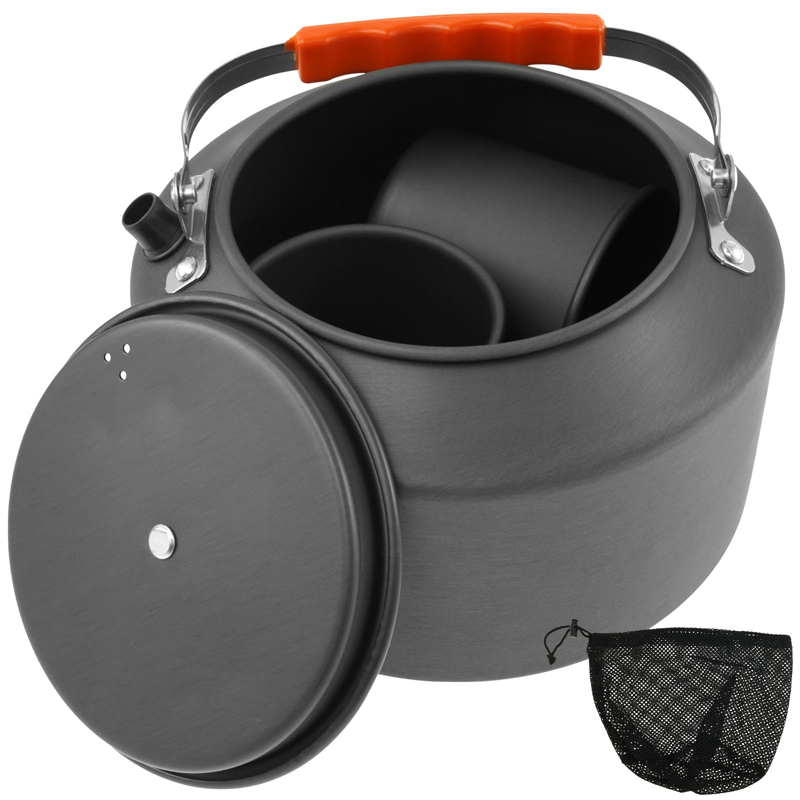 SOEWWEKLAX 2.5L Camping Kettle Heat Evenly Camp Kettle Sturdy Rustproof Camping Coffee Pot Lightweight Portable Camping Kettle with 2 Cups for Outdoor Camping Hiking Picnic(Style 1)