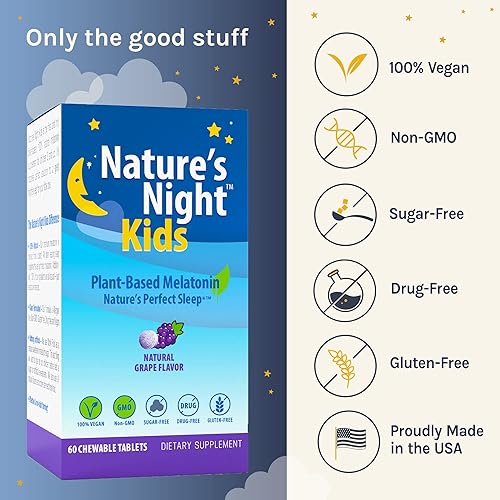 Miniatura 3 de Nature's Night Kids Melatonina a base de plantas de 1 mg | Sabor natural a uva | 60 tabletas masticables | Sin gluten | Sin OMG | Sin drogas |