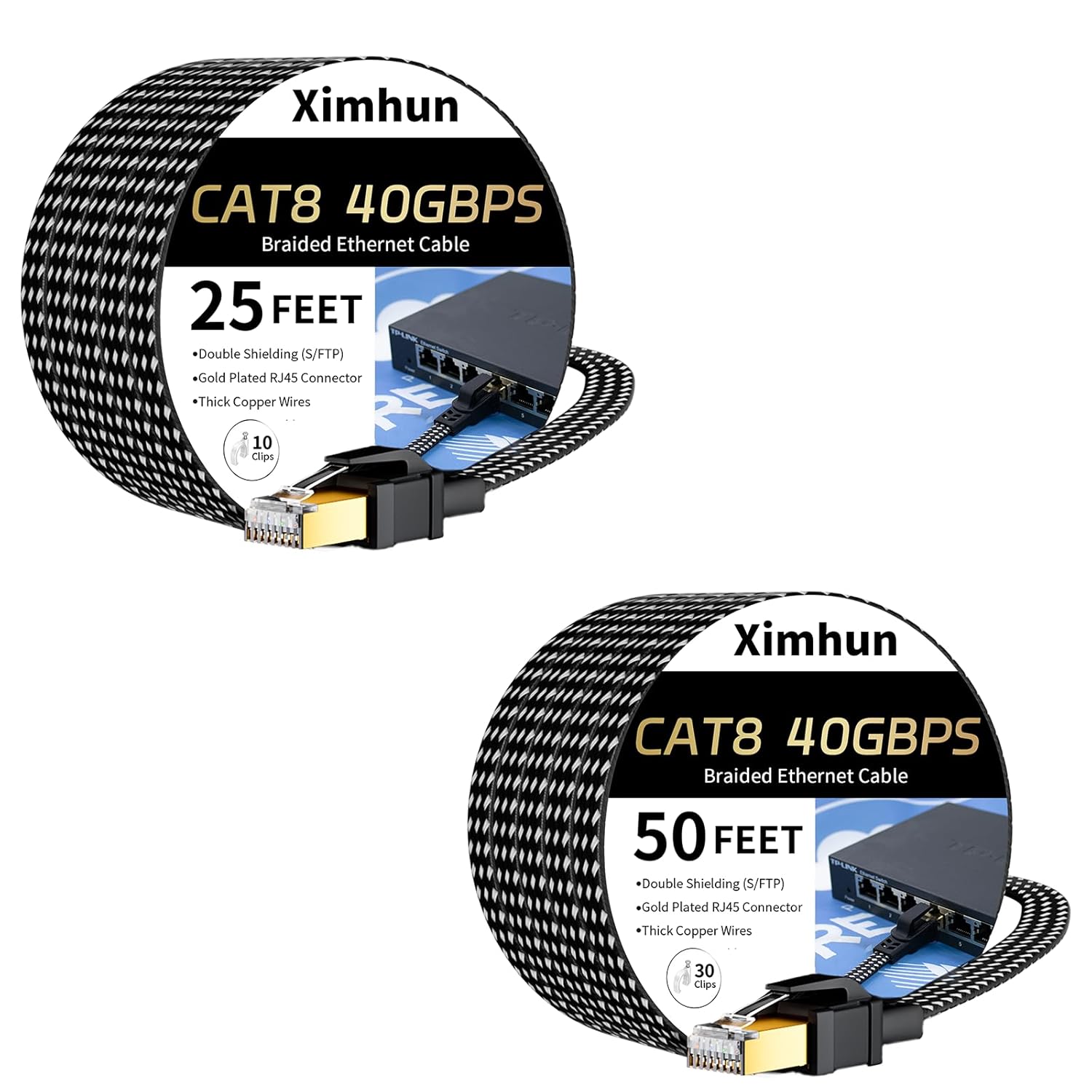 Cat 8 Ethernet Cable 25FT and 50FT, Nylon Braided High Speed Internet Network Cable with RJ45 Connector, 40Gbps 2000MHz Heavy Duty LAN Cable Indoor&Outdoor for Modem/Router/Gaming/PC
