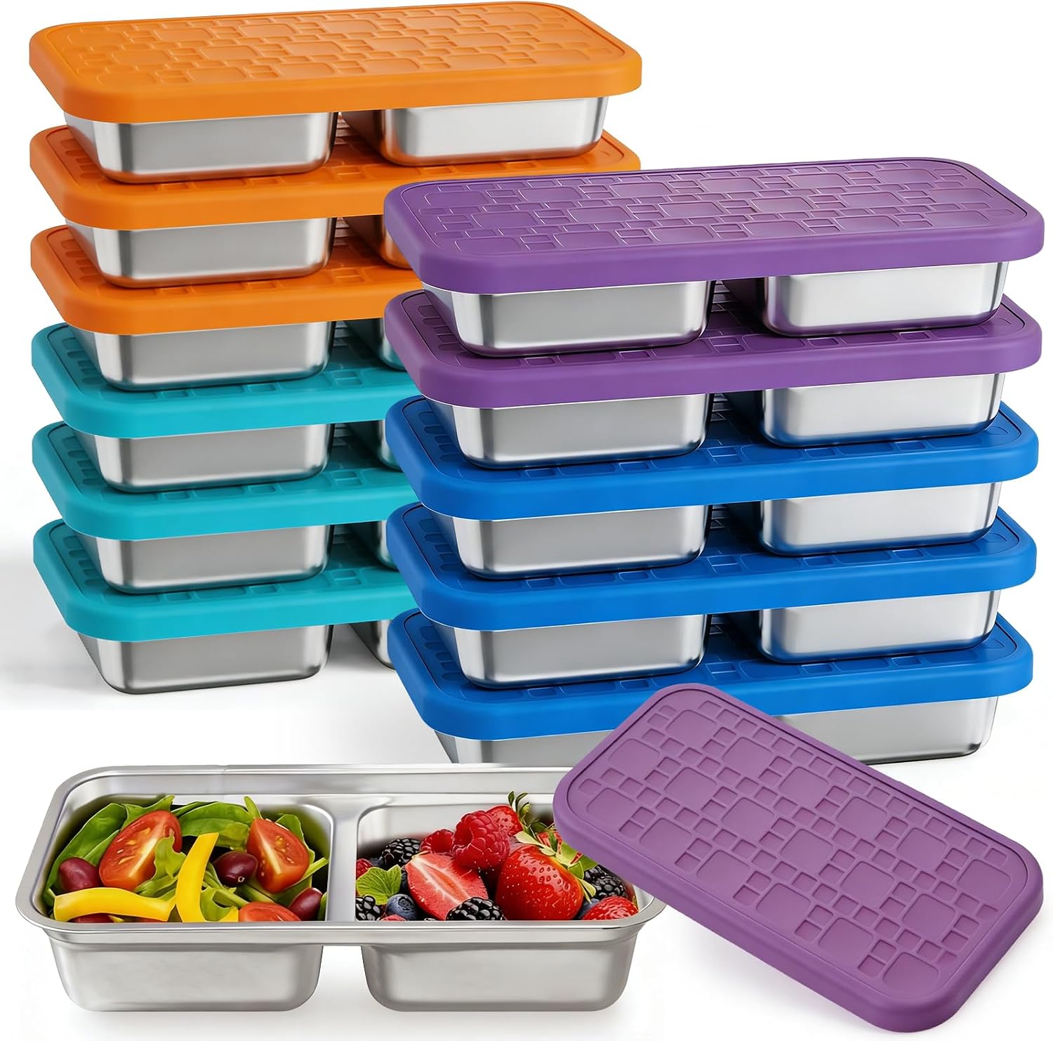 12 Pack Stainless Steel Snack Containers for Kids, 2 Compartment Leak-Proof with Silicone Lid & Dishwasher Safe, 304 Food Grade Reusable for Travel, School, Camping, Outdoor