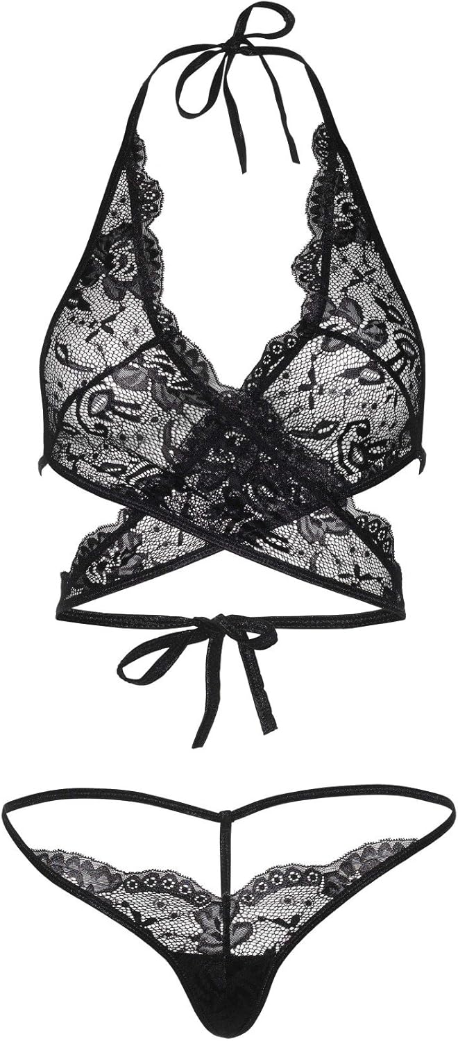 Leg Avenue Women's 2 Piece Scalloped Lace Wrap Around Halter Top and G-String