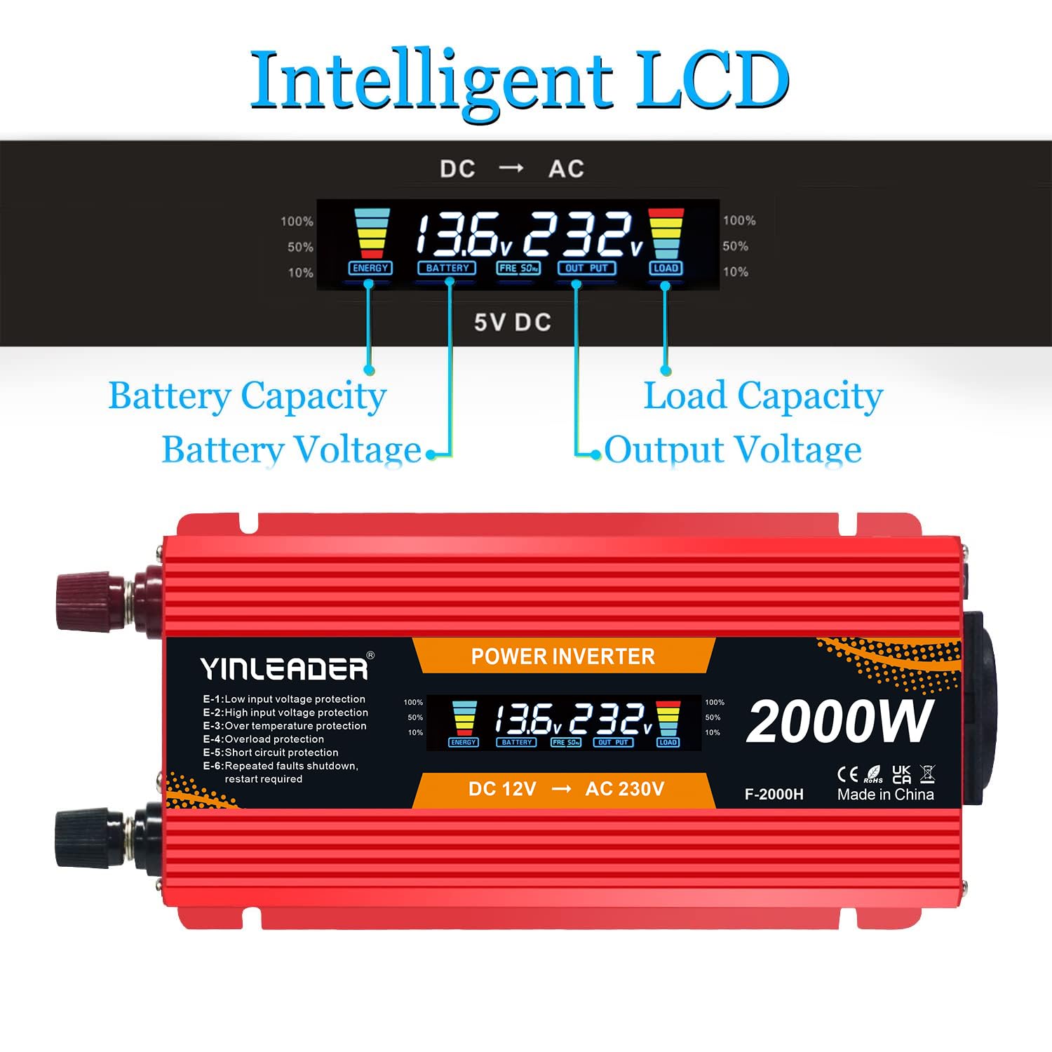 Yinleader Convertisseur 12v 220v 2000W onduleur 1000W transformateur de Tension LCD Dual USB