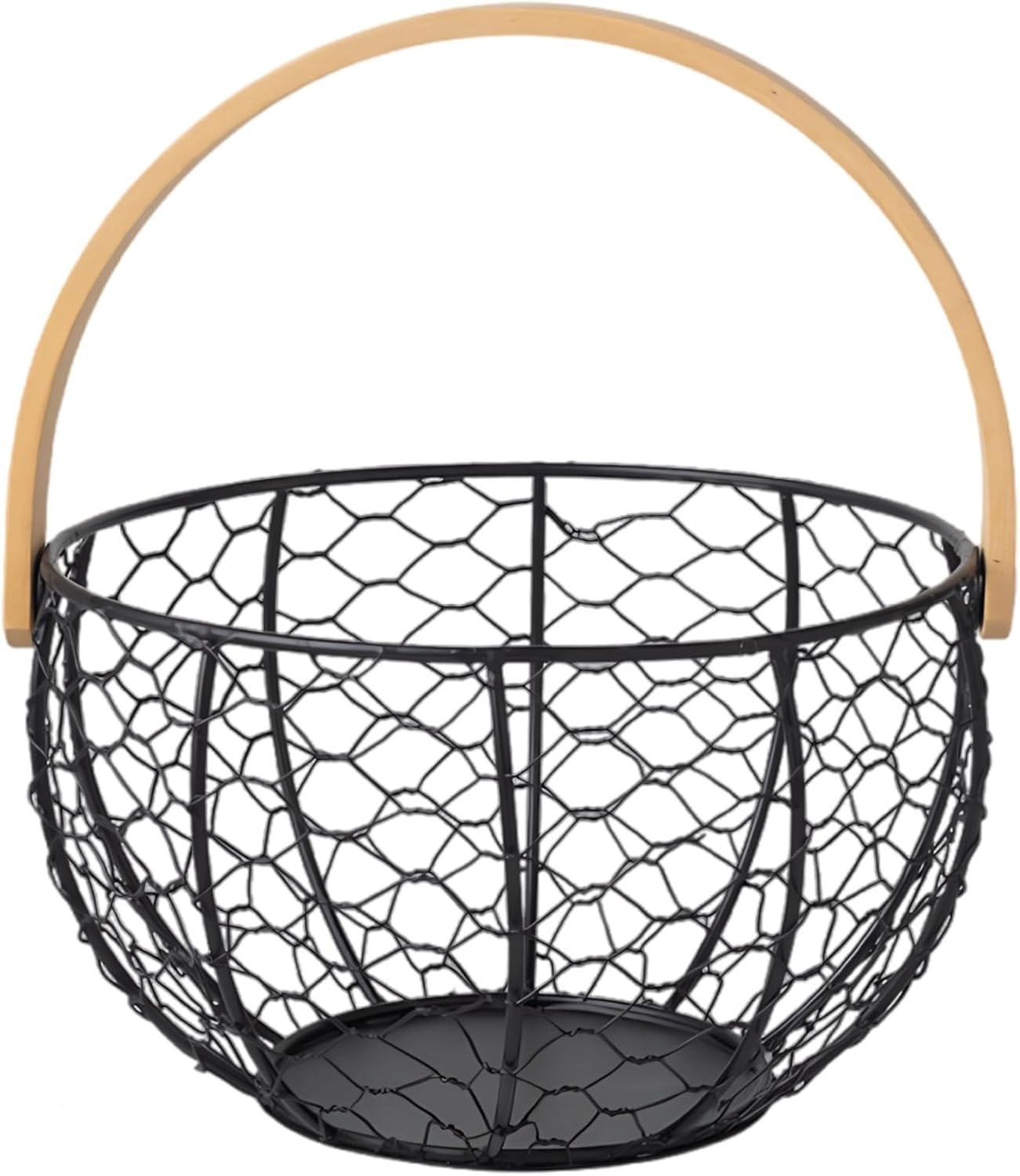Black Metal Egg Gathering Basket, Fruit Storage Basket with Wooden Handle, Kitchen Decorative Display