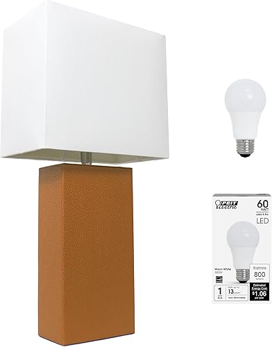 Elegant Designs LT1025-TAN-LB Moderna lámpara de mesa envuelta en cuero para sala de estar, pasillo, entrada, dormitorio, oficina, bronceado, con