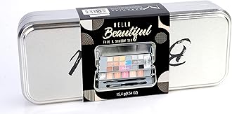 The Color Workshop, Hello Beautiful, Face and Shadow Tin Case with Cantilever Trays, Complete Professional Make up Kit, Includes Eyeshadow, Blush, Highlighter, Brushes and More, Makeup Kit for Women