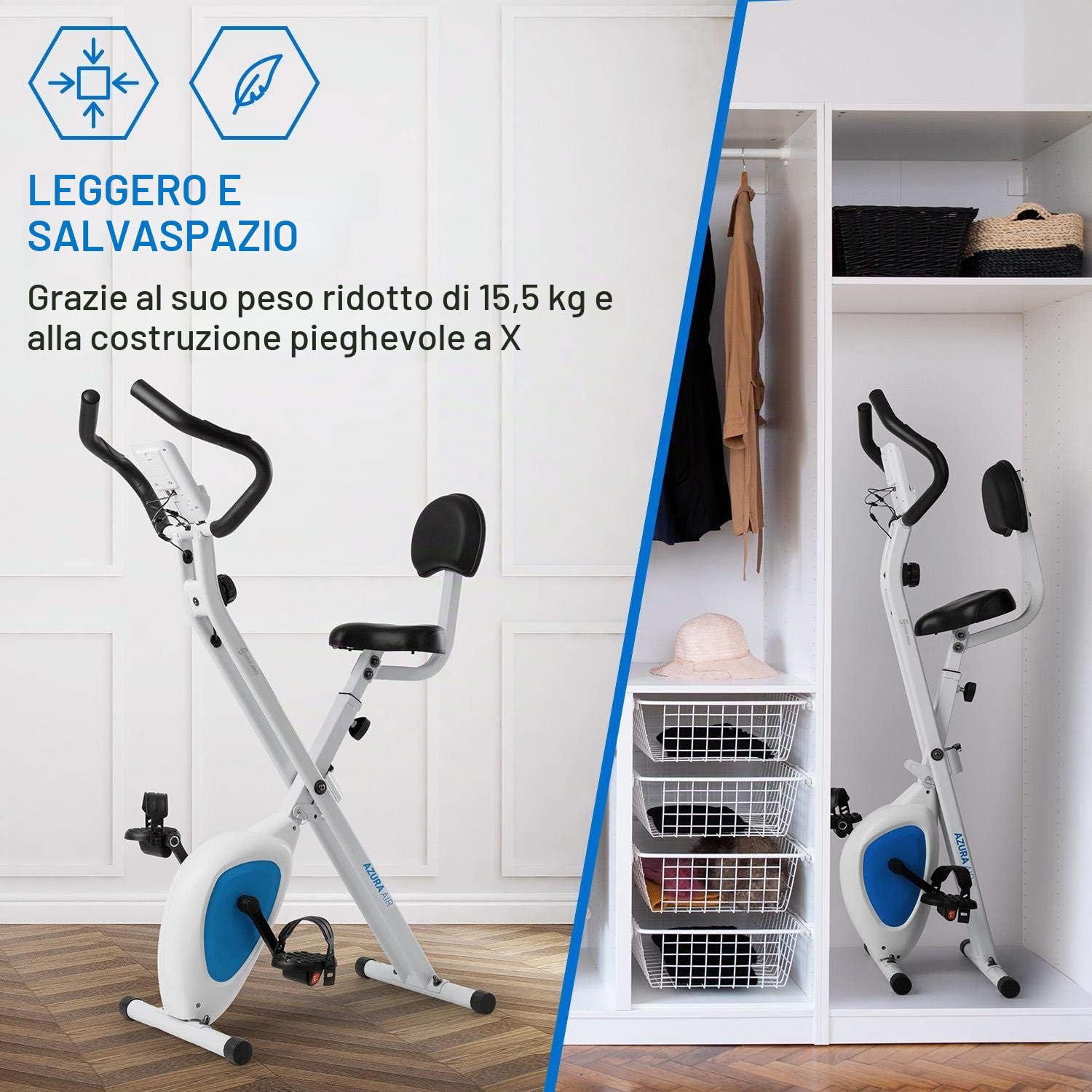 CAPITAL SPORTS Azura Air - Cyclette da Camera, Bici Cardio, Ergometro, Pieghevole, Fitness Bike, Computer Allenamento, Cardiofrequenzimetro, Sella Ergonomica, Resistenza a 8 Livelli