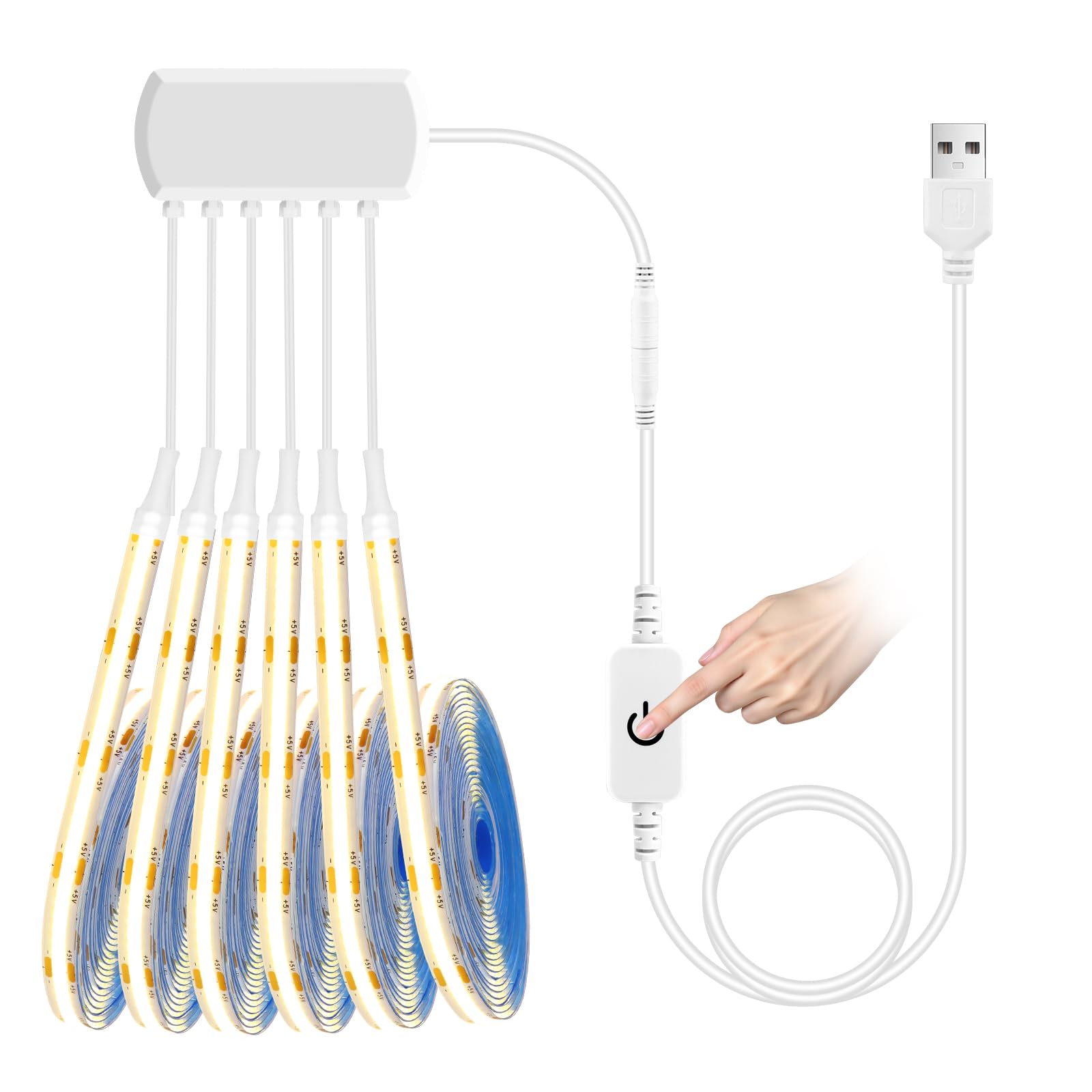 YGYCOBST 6 Rolls 2M Warmwhite COB LED Strip Light Kit，5V USB COB LED Strip with Touch Sensor Dimmer Switch for Acoustic Panel，Shelves，Showcases，Cabinet Decoration Lighting