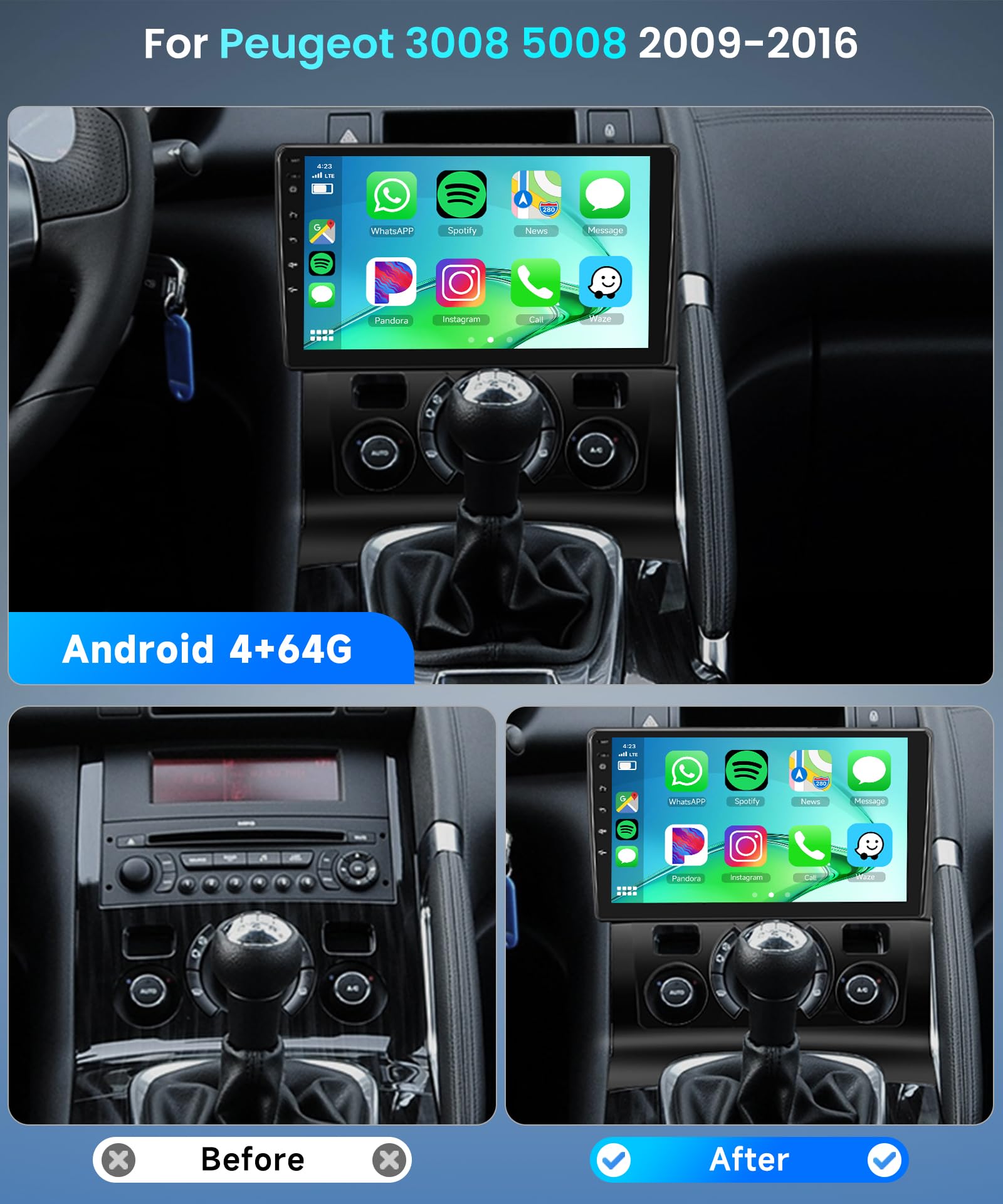 4G+64G Android Autoradio pour Peugeot 3008 5008 2009-2016 Carplay sans Fil 9 Pouces Radio avec Android Auto Mirror Link GPS Navi Bluetooth WiFi/FM/RDS/EQ/SWC/USB Commandes au Volant Caméra Recul