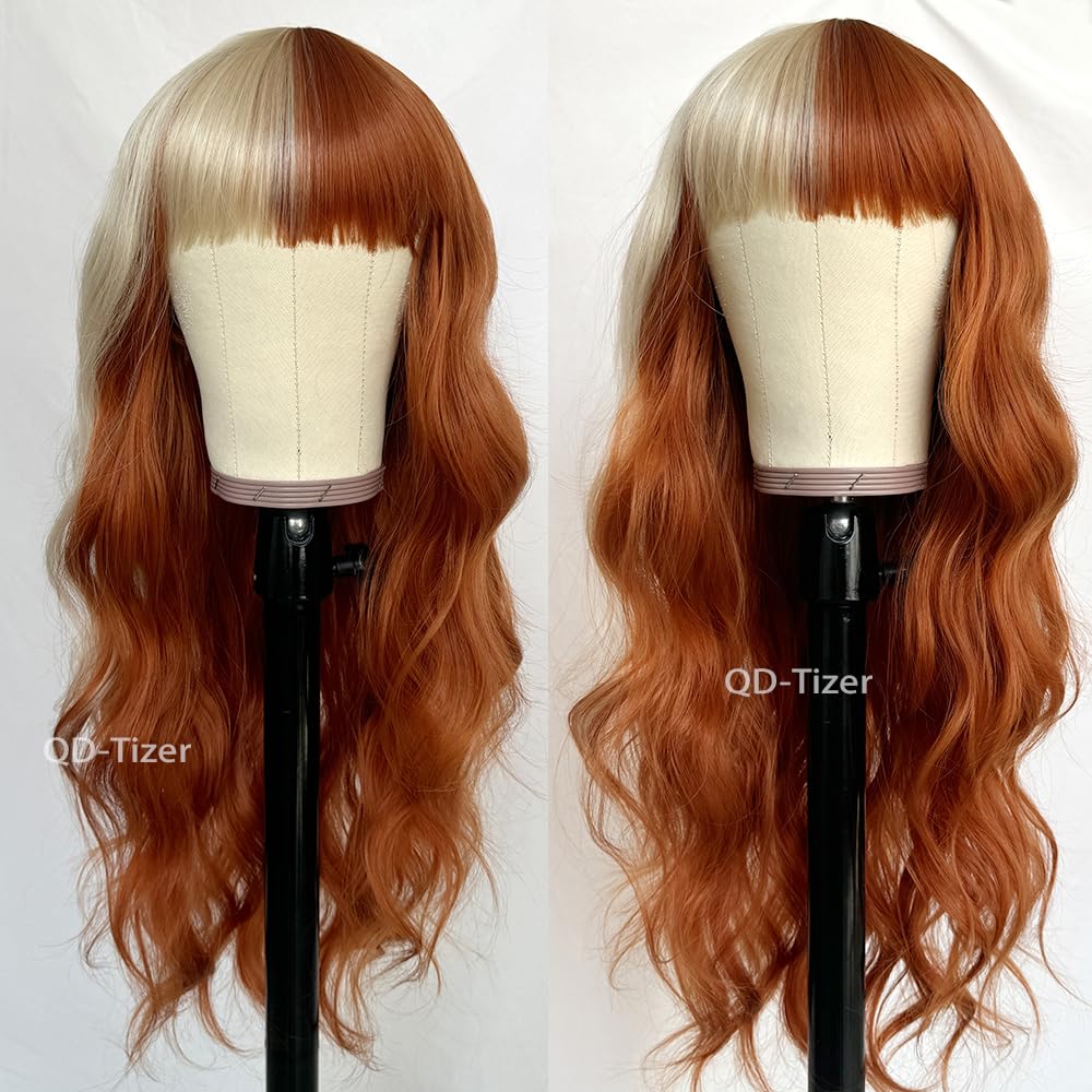 QD-Tizer Blonde and Copper Split Synthetic Hair Wig with Bangs Two Tone Hair Color Copper hair blonde highlights Long Wavy Curly Synthetic Wigs for Women Cosplay Party Wig Halloween Wigs - Image 5