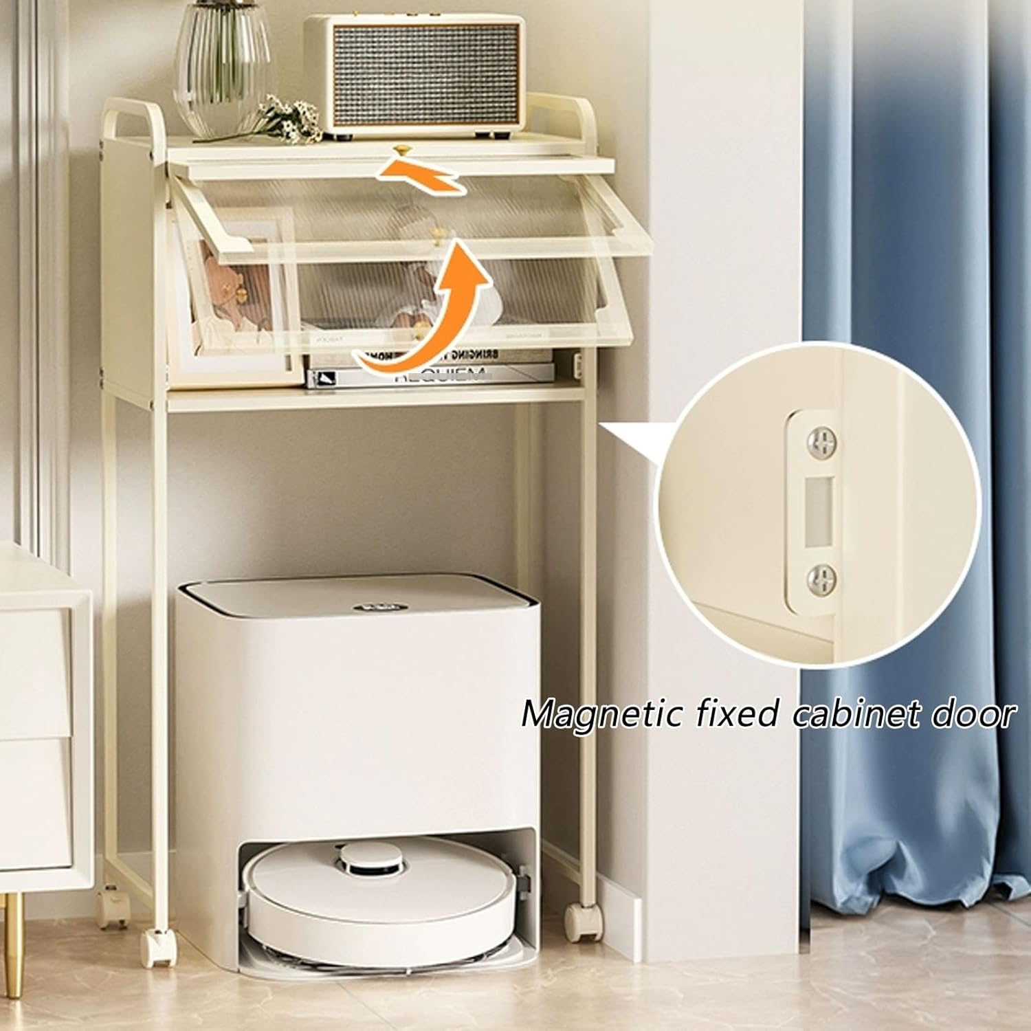 JKGHK Sweeping Robot Storage Stand Rack, Robot Vacuum Hidden Cabinet with Doors, Living Room Storage Display Racks with Wheels, for Living Room, Home, Office, Kitchen