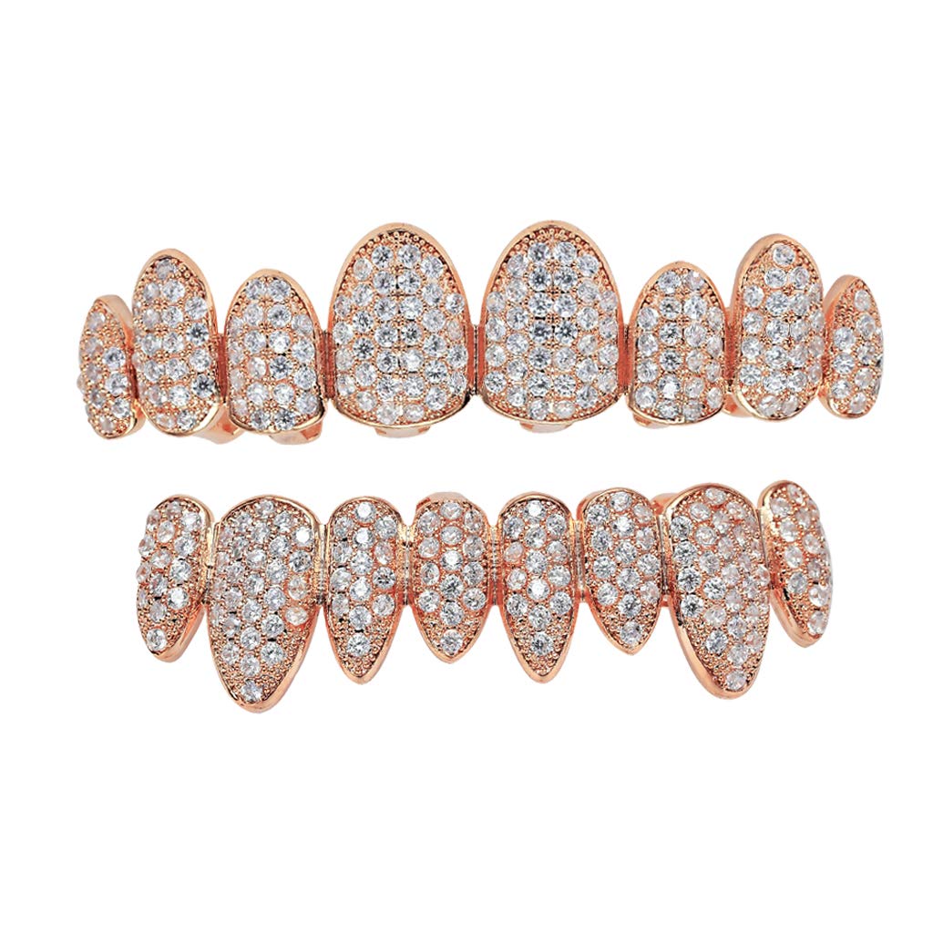 Gold Grillz Iced Out CZ Diamond Top & Bottom Set Grill 24 K placcato oro macro pavé denti griglie – barre di stampaggio extra incluse + custodia + panno in microfibra