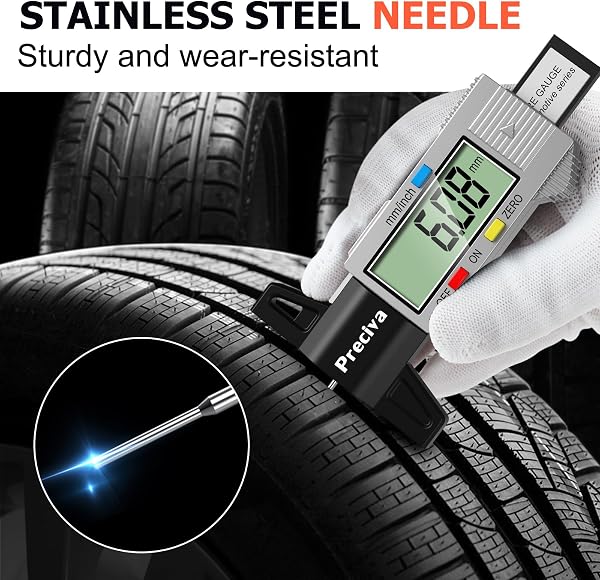 Tyre Tread Depth Gauge, Preciva Silver 0-25.4mm/Inch Digital Tire Checker UK, Tyres Depths Measuring Tool with Large LCD Screen for Cars, Trucks, Vans - 3