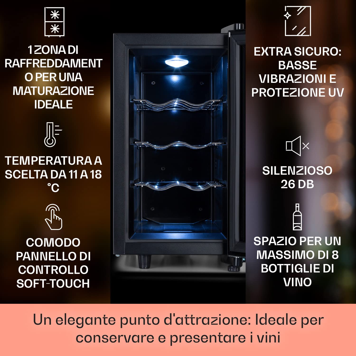 KLARSTEIN Cantinetta Vino, Cantinetta Vino Refrigerata a Zona Singola per Interno/Esterni, Frigo Bar, Cantina Vino con Vetrina, Mini Bar con Protezione UV, Frigo Vino Touch, 11-18°C, 8 Bottiglie