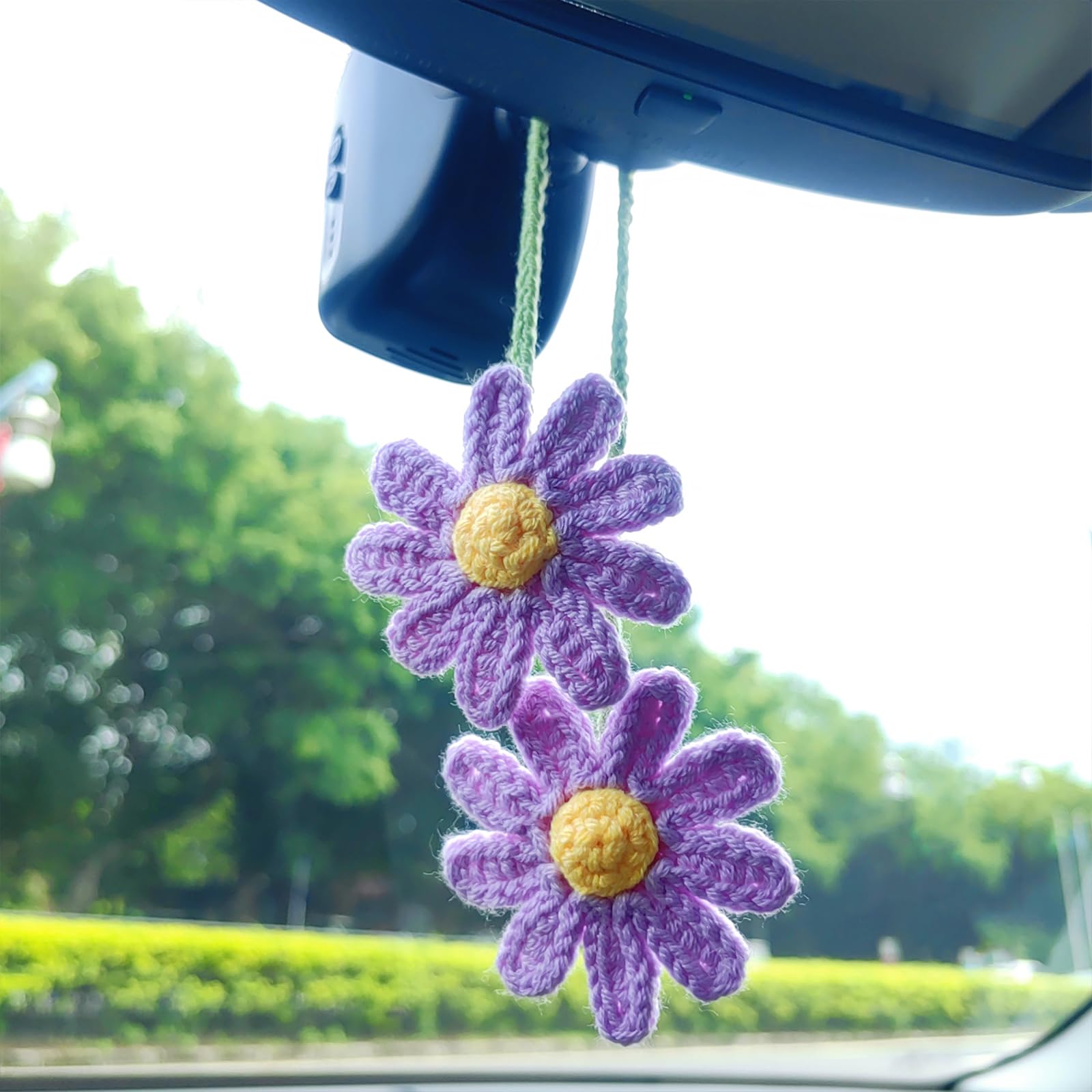 Accessori per specchietti retrovisori forma di all'uncinetto | Piante in vaso intrecciate per specchio auto – Simpatico ciondolo per auto per uomo e donna, realizzato mano, specchio