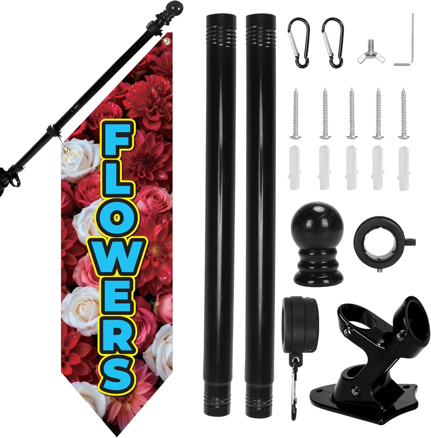 Farm Stand Flowers Flag with Pole Kit – 42x12in Double Sided Heavy-Duty Canvas Outdoor Banner for Flower Market Stand, Shop Sign, Commercial Stall Decor(Red)