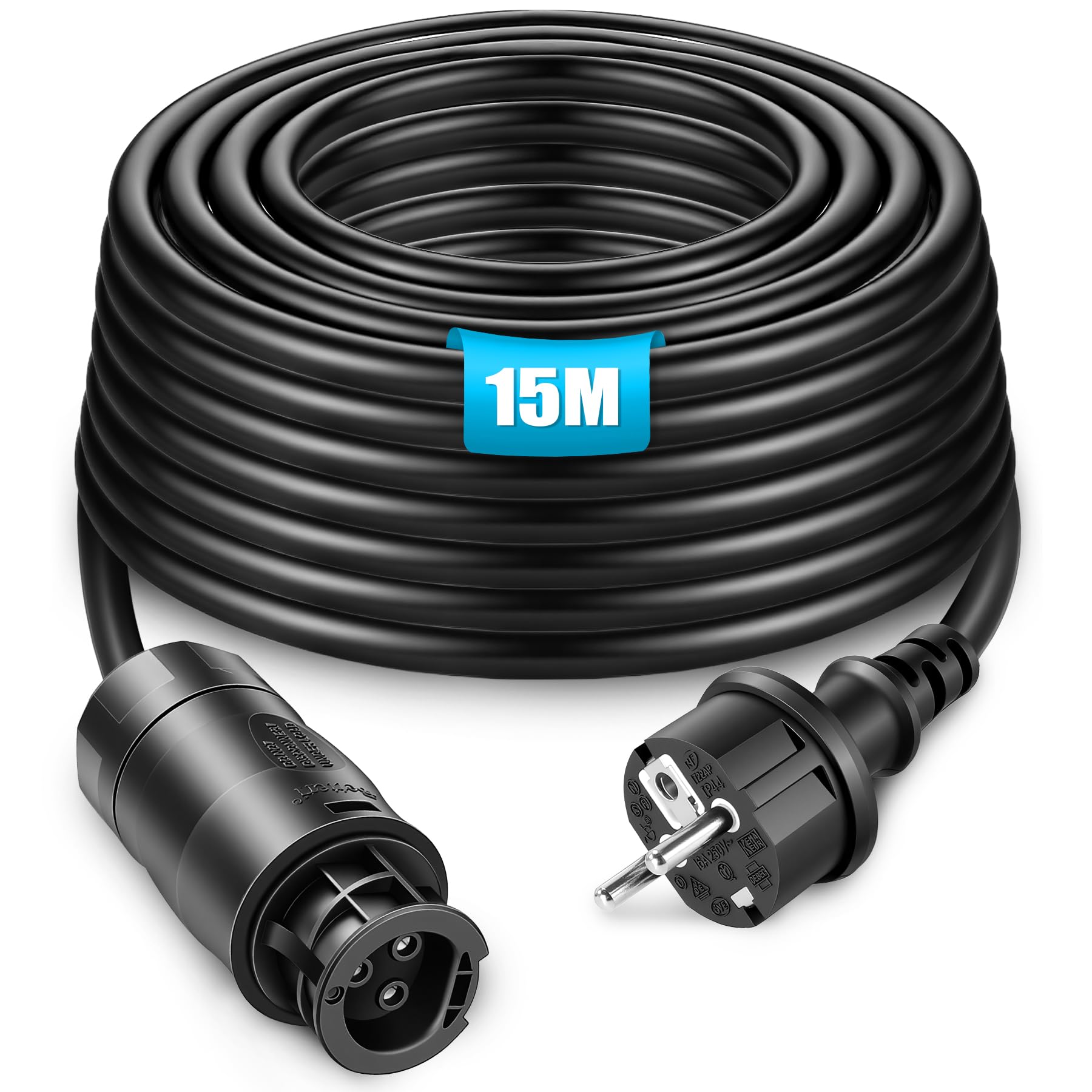 BC-01 kabel 15 m, BC01 z gniazdem wtykowym z zestykiem ochronnym, kabel przyłączeniowy do elektrowni balkonowej Betteri BC-01 odpowiedni do wielu mikrofalowników