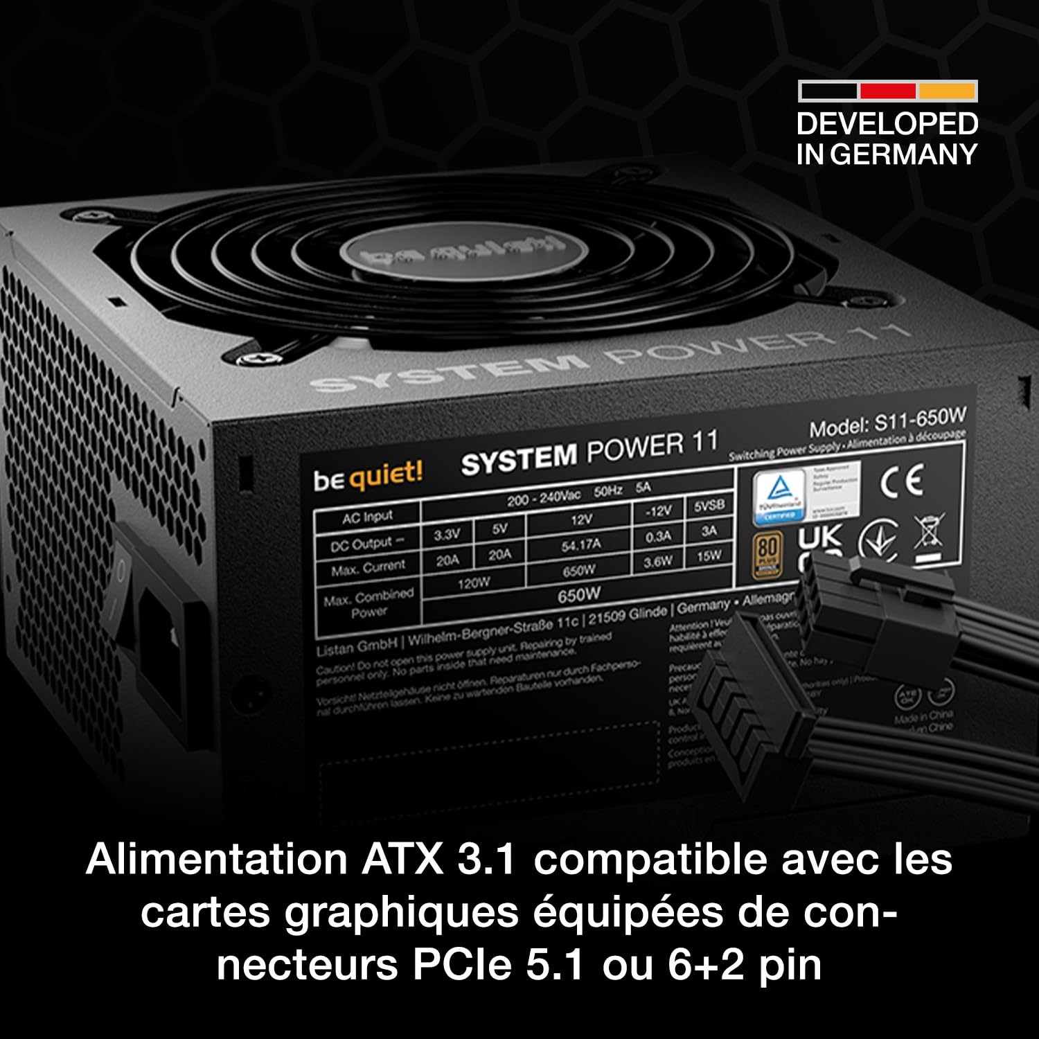 be quiet! System Power 11 650W Bloc d’Alimentation, Alimentation ATX 3.1, Compatible avec Les Cartes Graphiques PCIe 5.1, Ventilateur Silencieux Thermo-régulé 120 mm, Solide Mono Rail 12 V