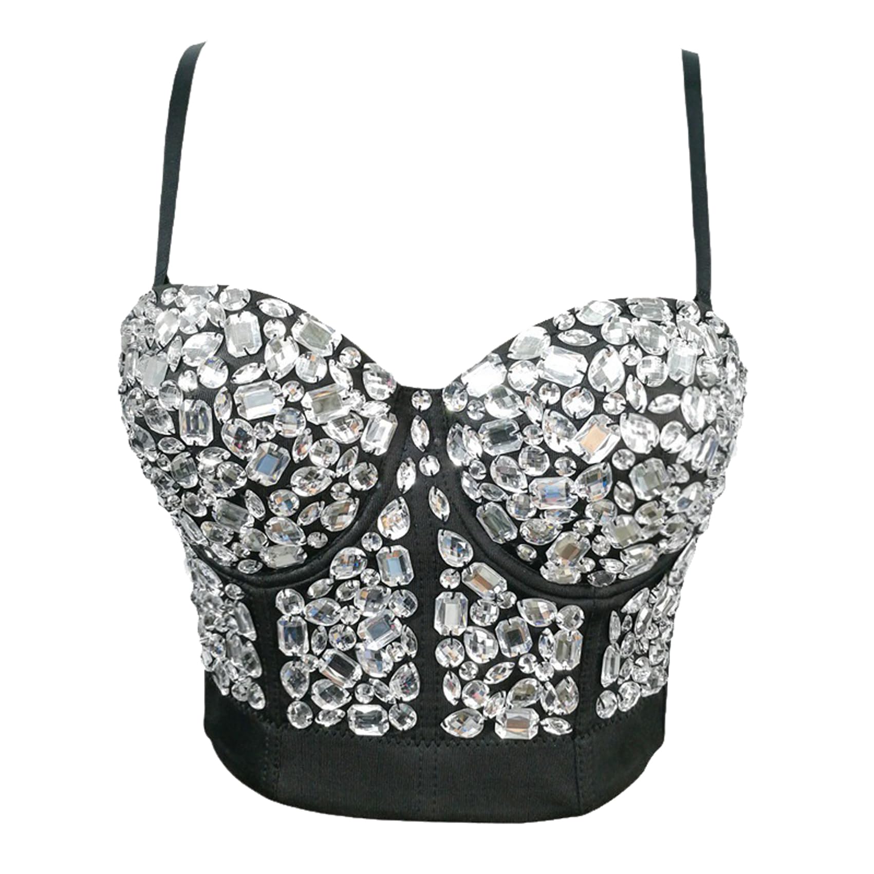 Woboren Women's Rhinestone Diamond Bustier Crop Top Gothic Punk Corset Clubwear Party Bra Silver