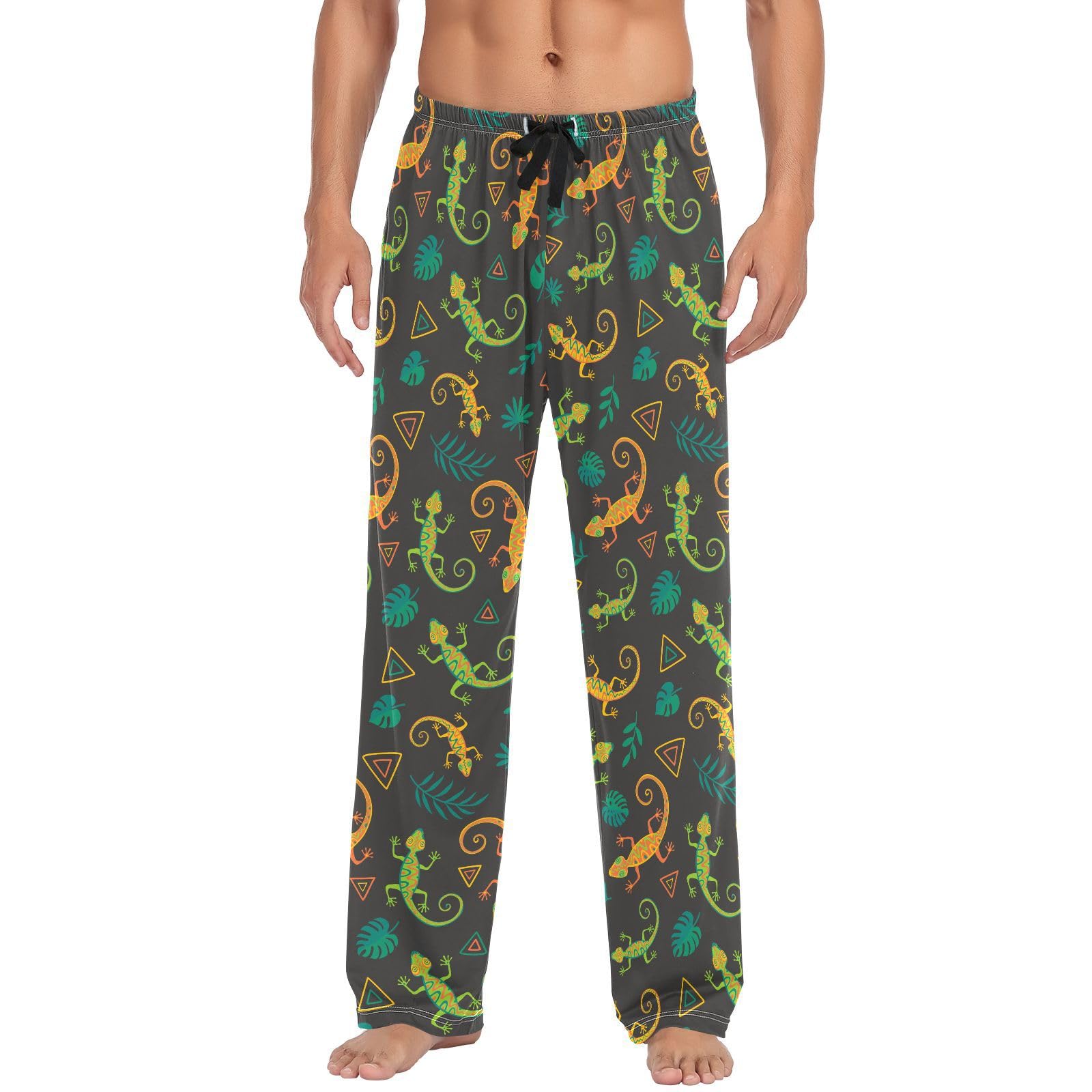 Herren-Pyjamahose für Herren, Motiv: tropische Eidechsen, Lachsen, Schlafhose, Lounge-Nachtwäsche mit Taschen, Kordelzug, lang, 100 % Baumwolle, Größe XL, mehrfarbig, XL