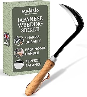Muldale Japanese Hand Weeding Sickle – Curved Razor Hoe Garden Tool with High-Carbon Steel Blade & Ergonomic Beechwood Handle – Perfect for Weeding Between Plants, Paving, Borders