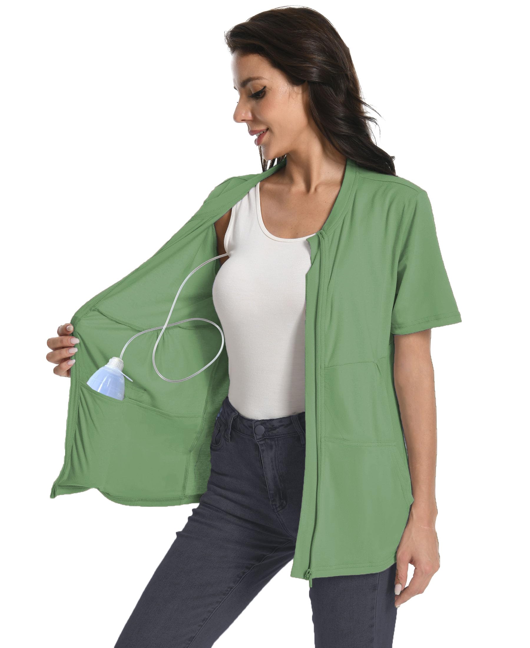 Post Mastectomy Zip Up Shirts with Drain Pockets Surgery Recovery Must Haves Clothing Comfy Short Sleeve Shirts