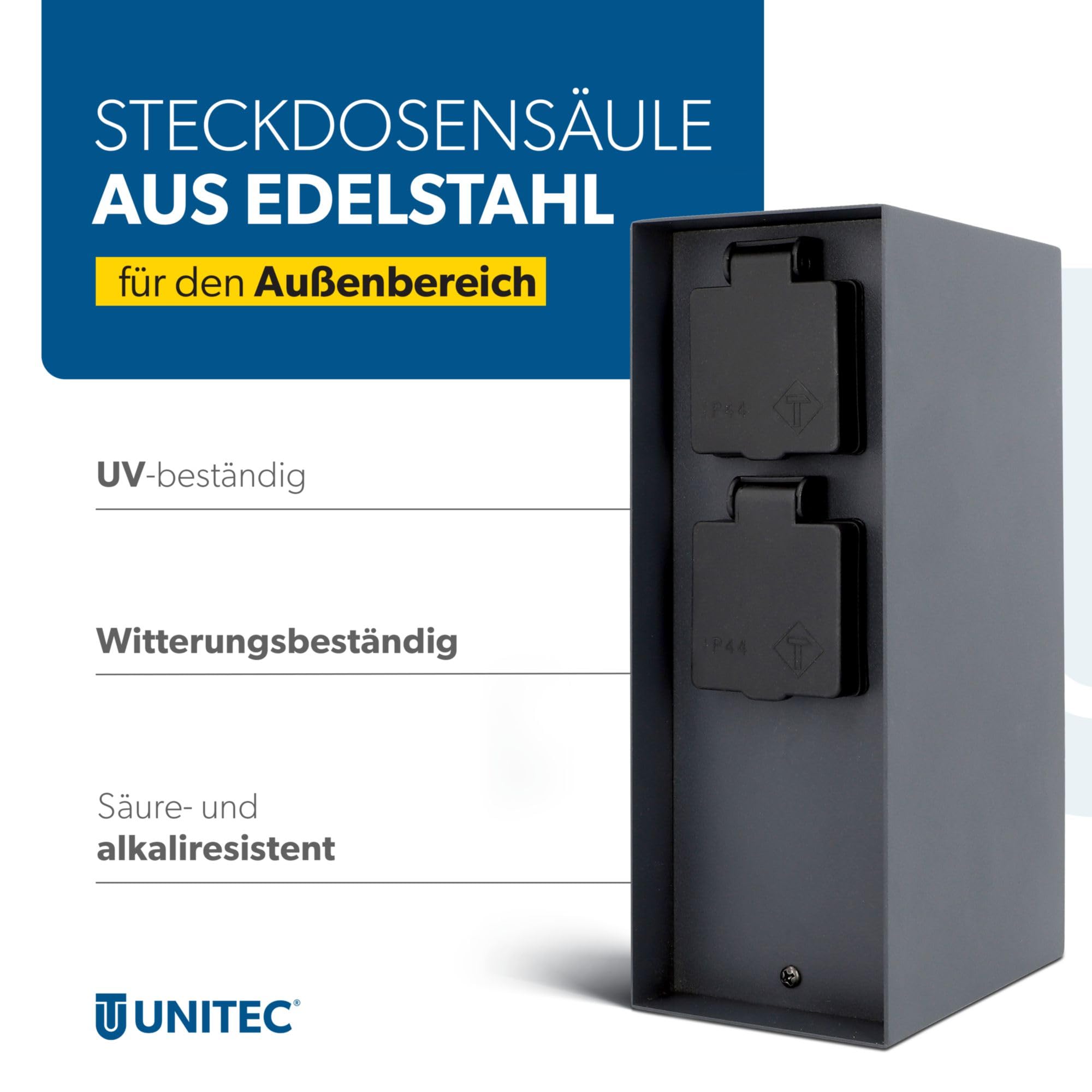 UNITEC Steckdosenverteiler für den Garten, Steckdosensäule mit Zeitschaltuhr, Außensteckdose, Edelstahl, IP 44, 2 Steckdosen