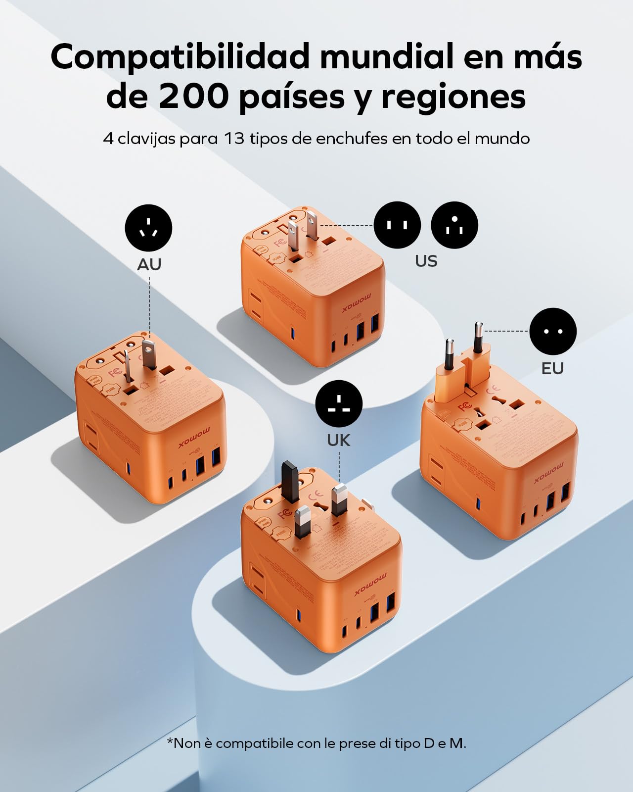 MOMAX Adaptador Enchufe Universal,70W GAN Enchufe Universal con 2 CA 3 USB C y 2 USB A, Adaptador Universal Enchufe Viaje, Adaptador de Viaje para Inglaterra, EE. UU., Japón, Tailandia y Australia