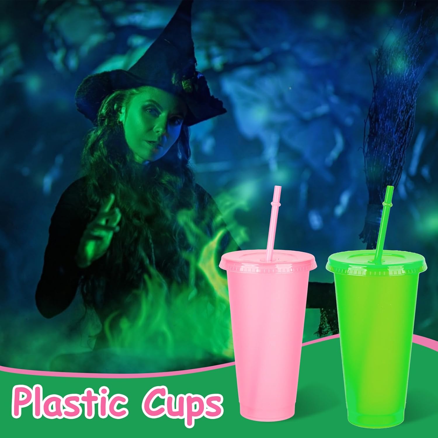 12 Pcs Pink and Green Cup Party Favors Party Tumbler with Lids and Straws Crown & Witch Hat Movie Fan Gifts Accessories Plastic Travel Mug for Birthday - Image 7