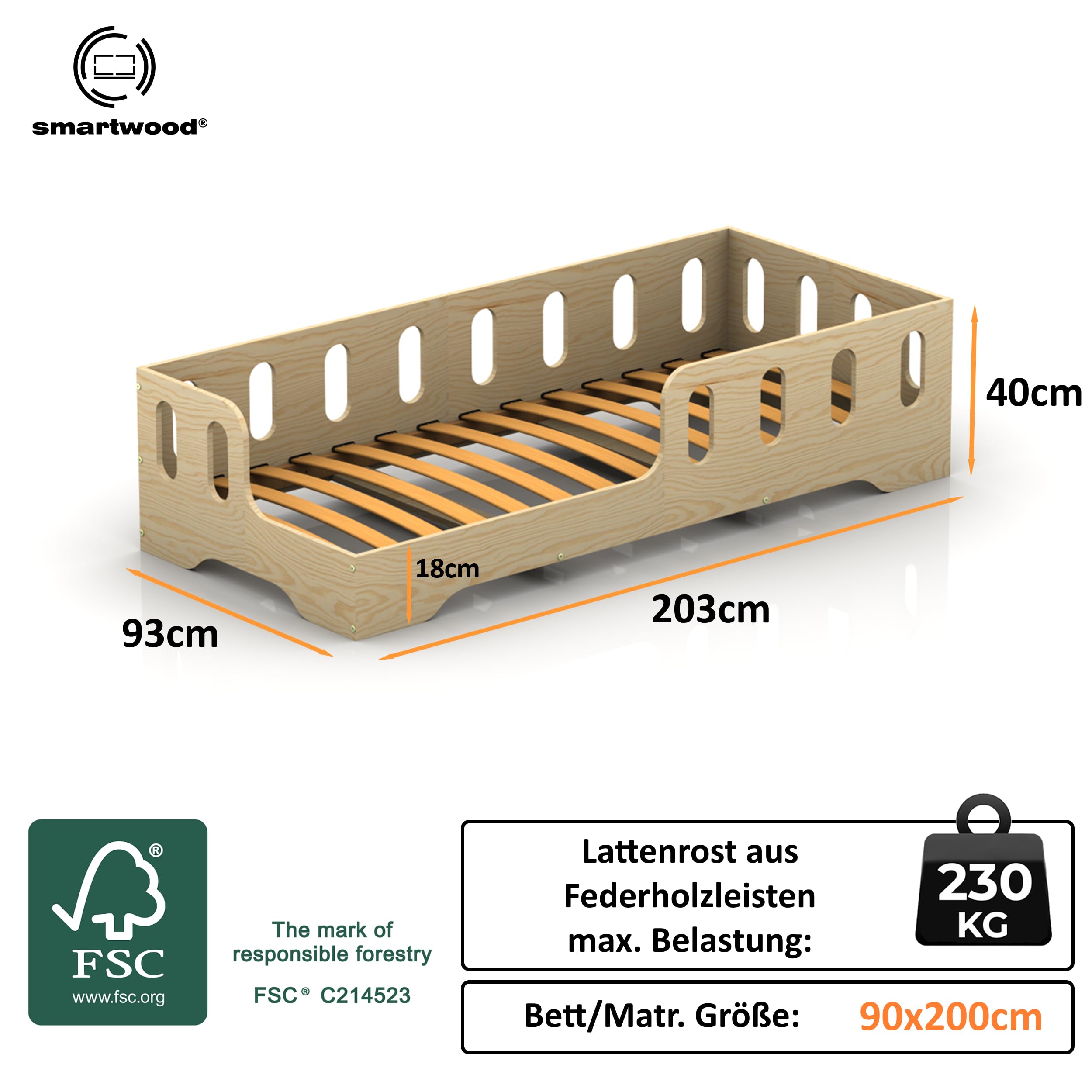 smartwood Bodenbett 90x200 cm mit Rausfallschutz, Holz, TILA 1L | Montessori Kinderbett, Lattenrost belastbar bis 230 kg, FSC-Zertifikat, abgerundete Kanten, Einfache Montage, ab 3 Jahren