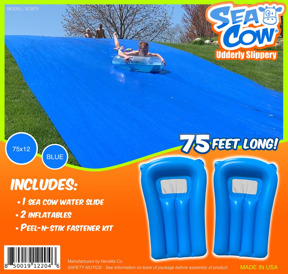 Sea Cow Blue Giant Backyard Water Slide 75 x 12 Includes - 2 Inflatable Boogie Boards, Peel-N-Stik Fasteners KIT