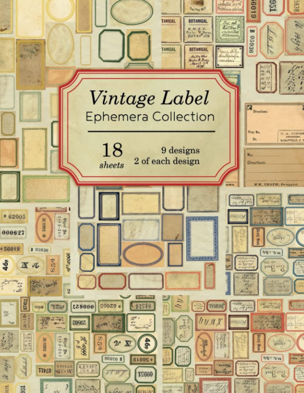Vintage Label Ephemera Collection: 18 sheets - over 600 vintage labels in red, blue, green and yellow for DIY journals and crafts