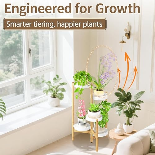 Miniatura 6 de LASZOLA Soporte para Plantas de Bambú Blanco de 5 Niveles de Uso Pesado para Interiores, Estante Vertical Alto de Múltiples Niveles para Macetero en