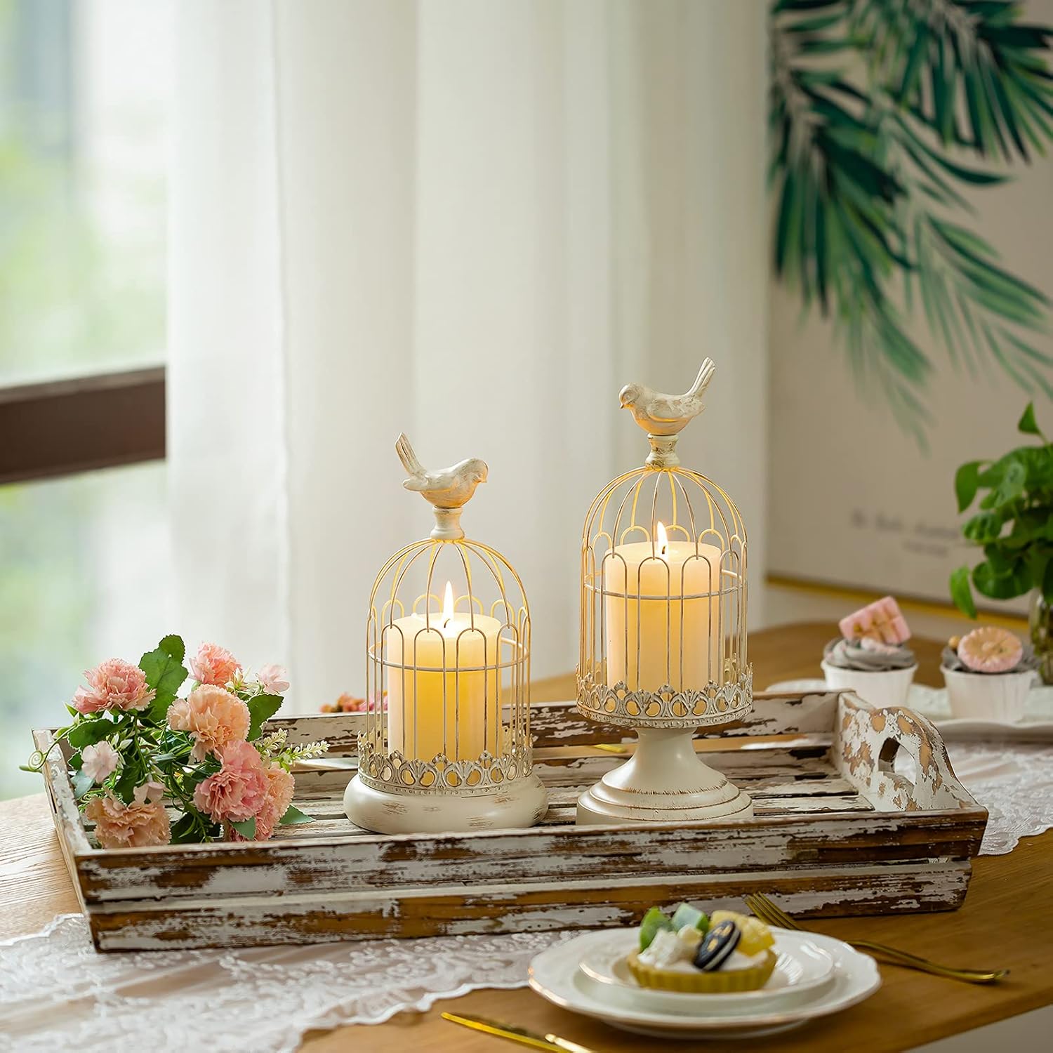 Decorative Candle Holder Bird Cage - Set of 2 Cage Lanterns for Candleholder Shabby Chic Country Home Decoration Table Centerpiece Mantel Decor-White||style2