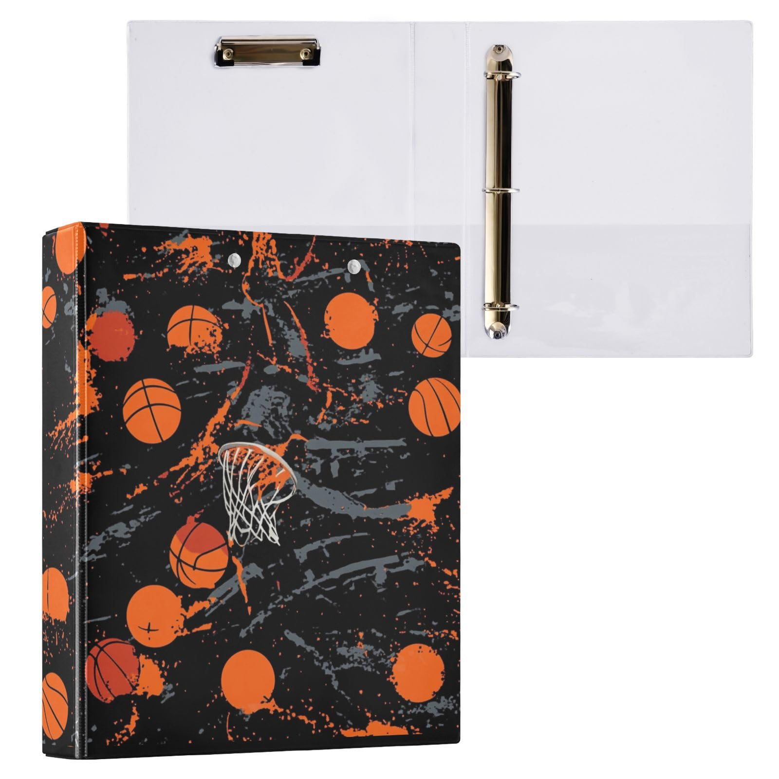 Caikeny 3 Ring Binder Basketball Sports 1.5 Inch Binders Balls Black Round Ring Clipboard with 2 Pockets for Office Supplies